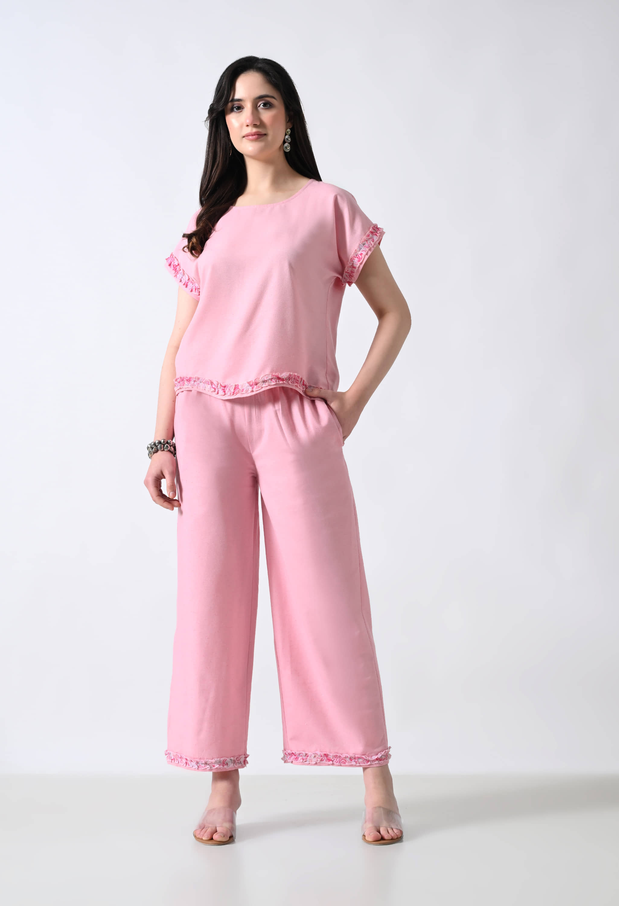 ALL WAYS YOU Women Solid Top With Palazzos Co-Ord Set ( Pink )