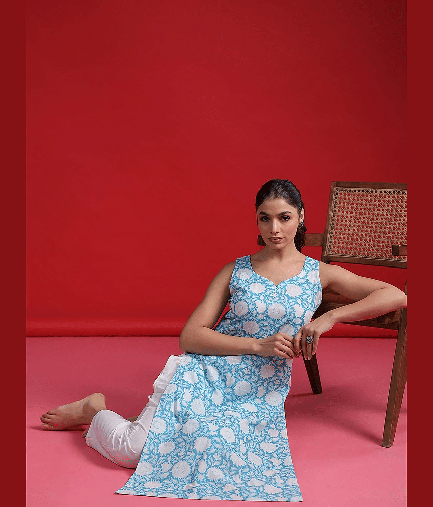 Shivaradhya designers Women Cotton Printed Straight Kurti ( Aqua Blue ) - Kurtis, Tunics | Buy online on ZillyBuy