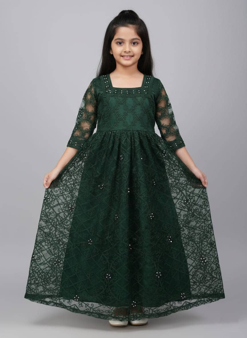 Apnisha Net Dress For Girls ( Pack of 1 , Green )