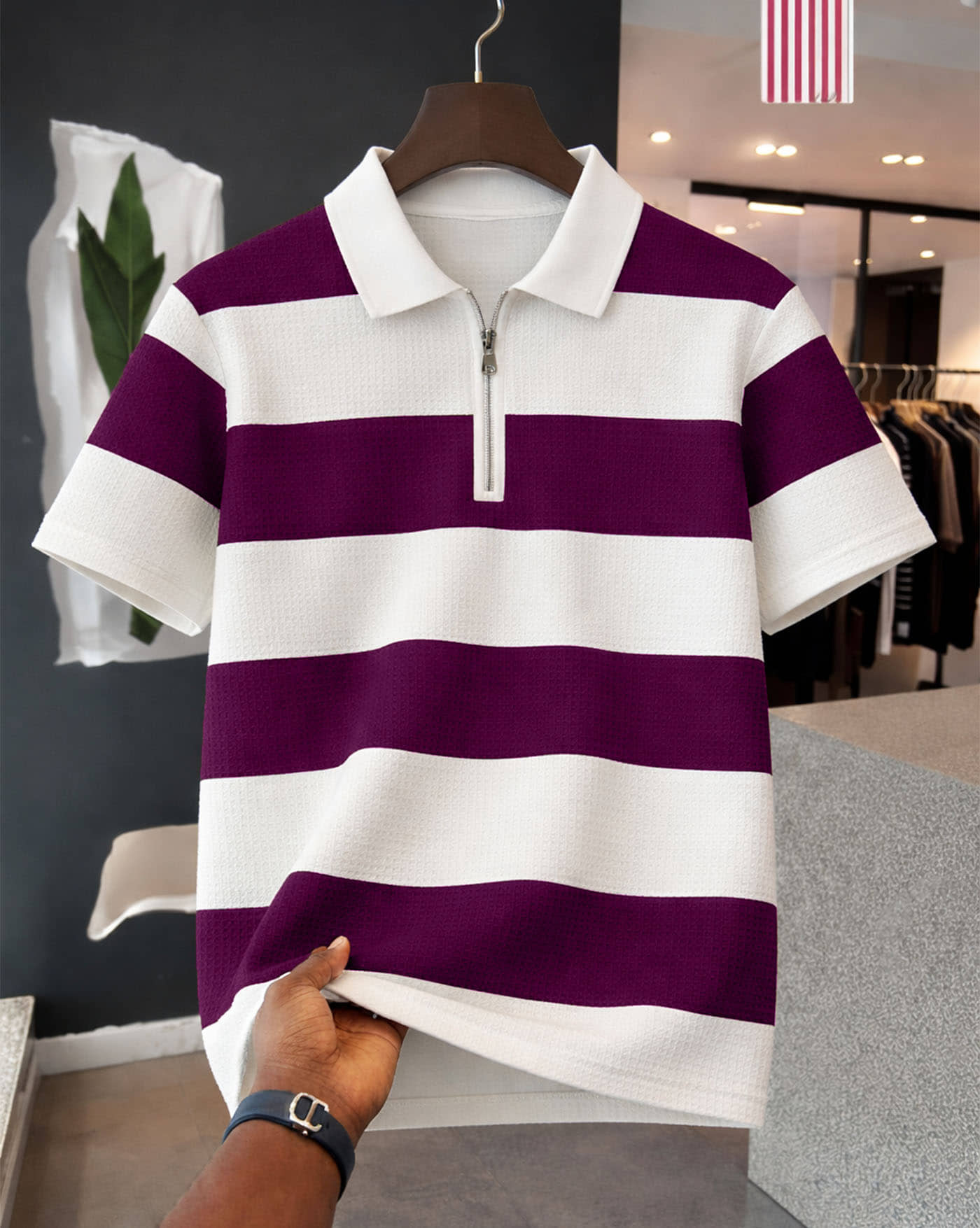 AOOSH Men Cotton Blend Regular Fit Striped Polo T Shirt ( Purple )