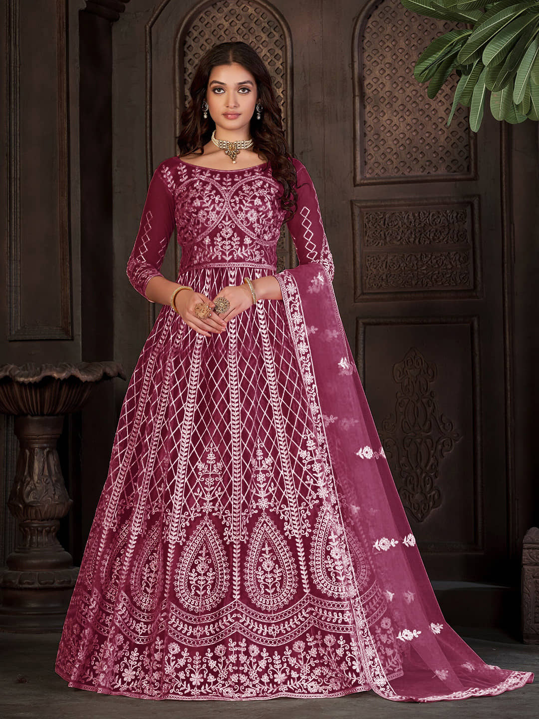 Aika Women's Net Semi Stitched Flared Ethnic Gown With Dupatta - Unstitched Fabrics | Buy online on ZillyBuy