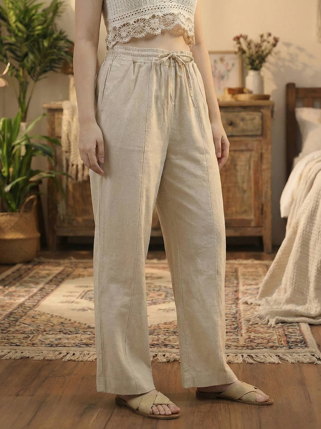 DE TRENDZ Women Cotton Wide Leg Trousers ( Beige ) - Trousers | Buy online on ZillyBuy