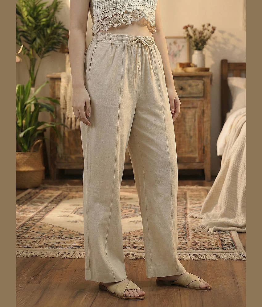 DE TRENDZ Women Cotton Wide Leg Trousers ( Beige ) - Trousers | Buy online on ZillyBuy