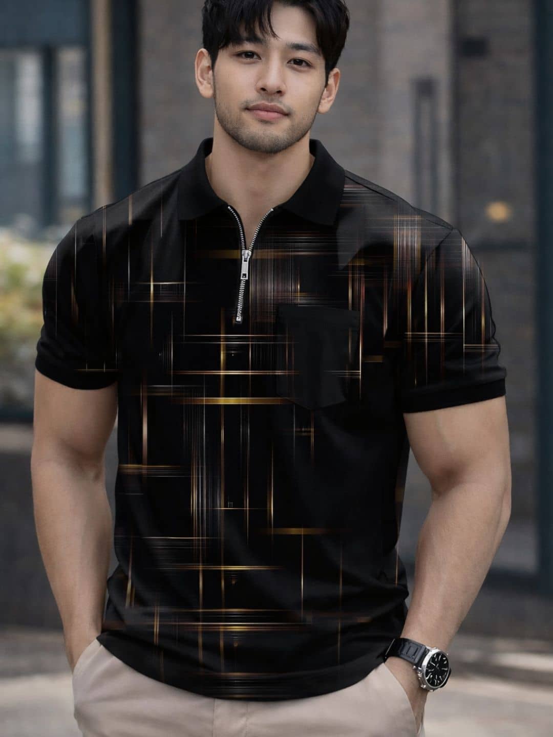 TAZO Men Polyester Regular Fit Printed Polo T Shirt ( Black )