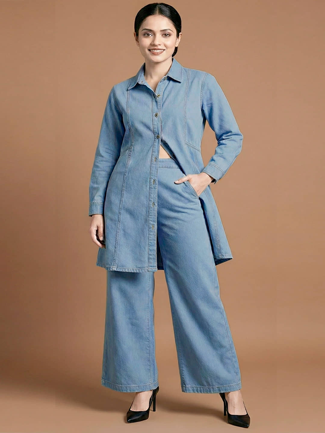 Addyvero Women Solid Top With Trousers Co-Ord Set ( Light Blue )