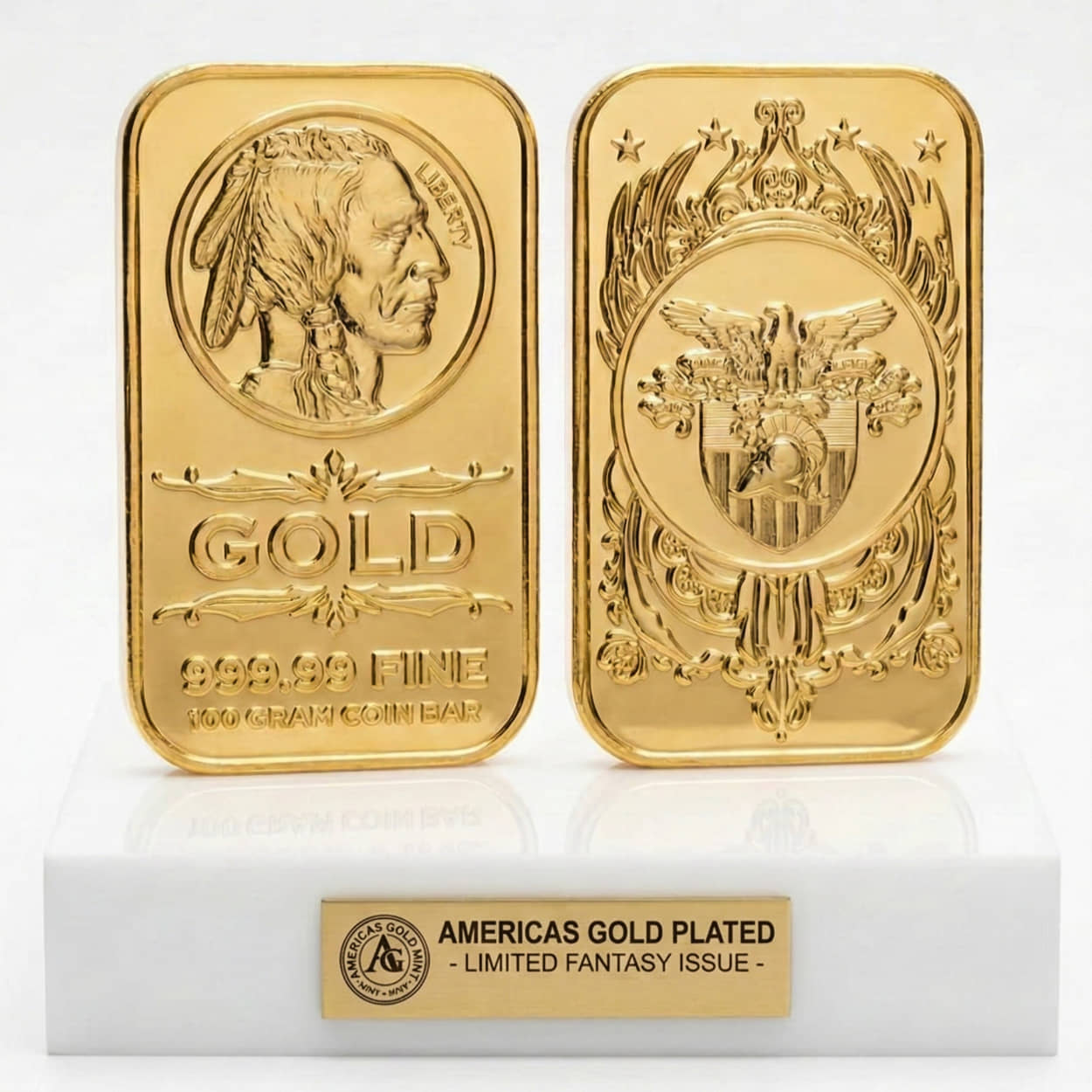 American Indian Head & Eagle Shield - USA Fantasy Pure Gold-Plated Metal 100 Gram Coin Bar