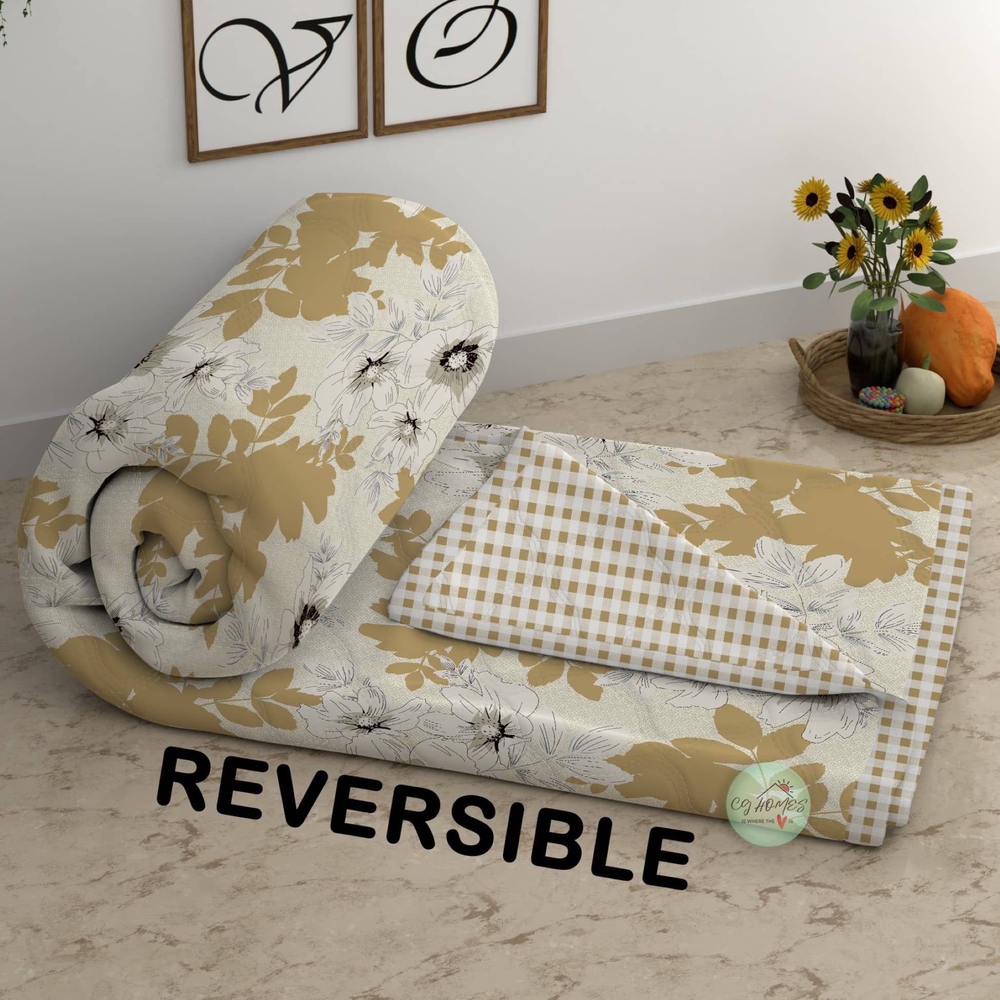 CG HOMES Cotton Floral Double Size Comforter ( 220 x 220 cm ) - Gold ( Pack of 1 )