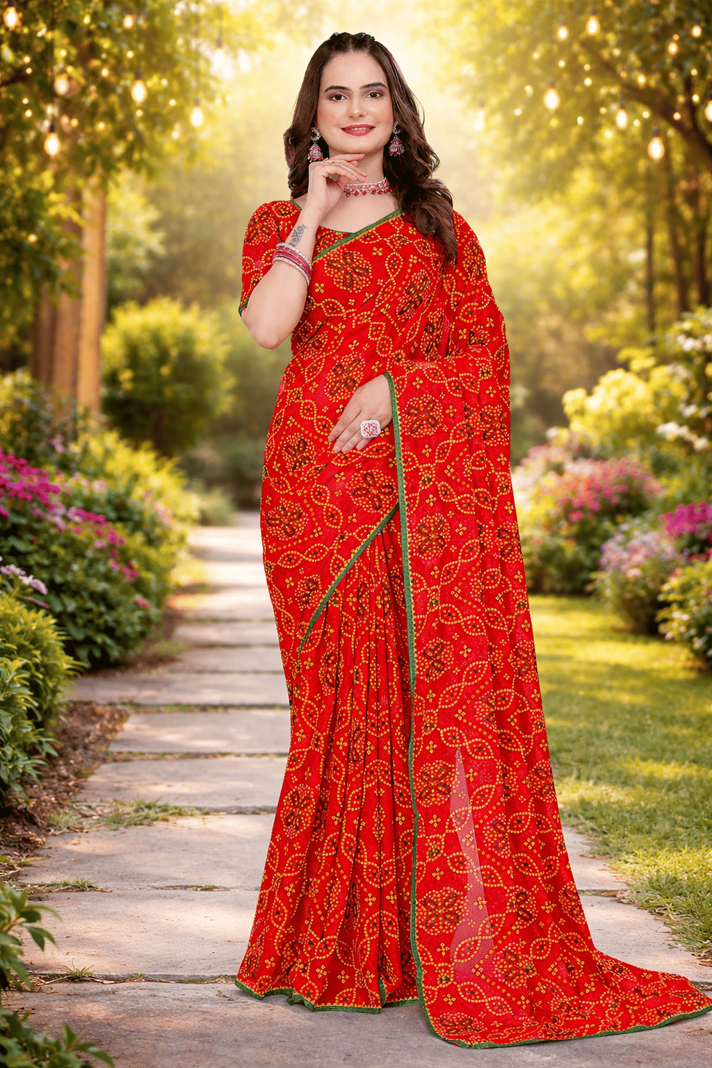 Kanooda Prints Georgette Printed Bandhani Sarees With Unstitched Blouse Piece ( Multicolor 1 ) - Sarees | Buy online on ZillyBuy