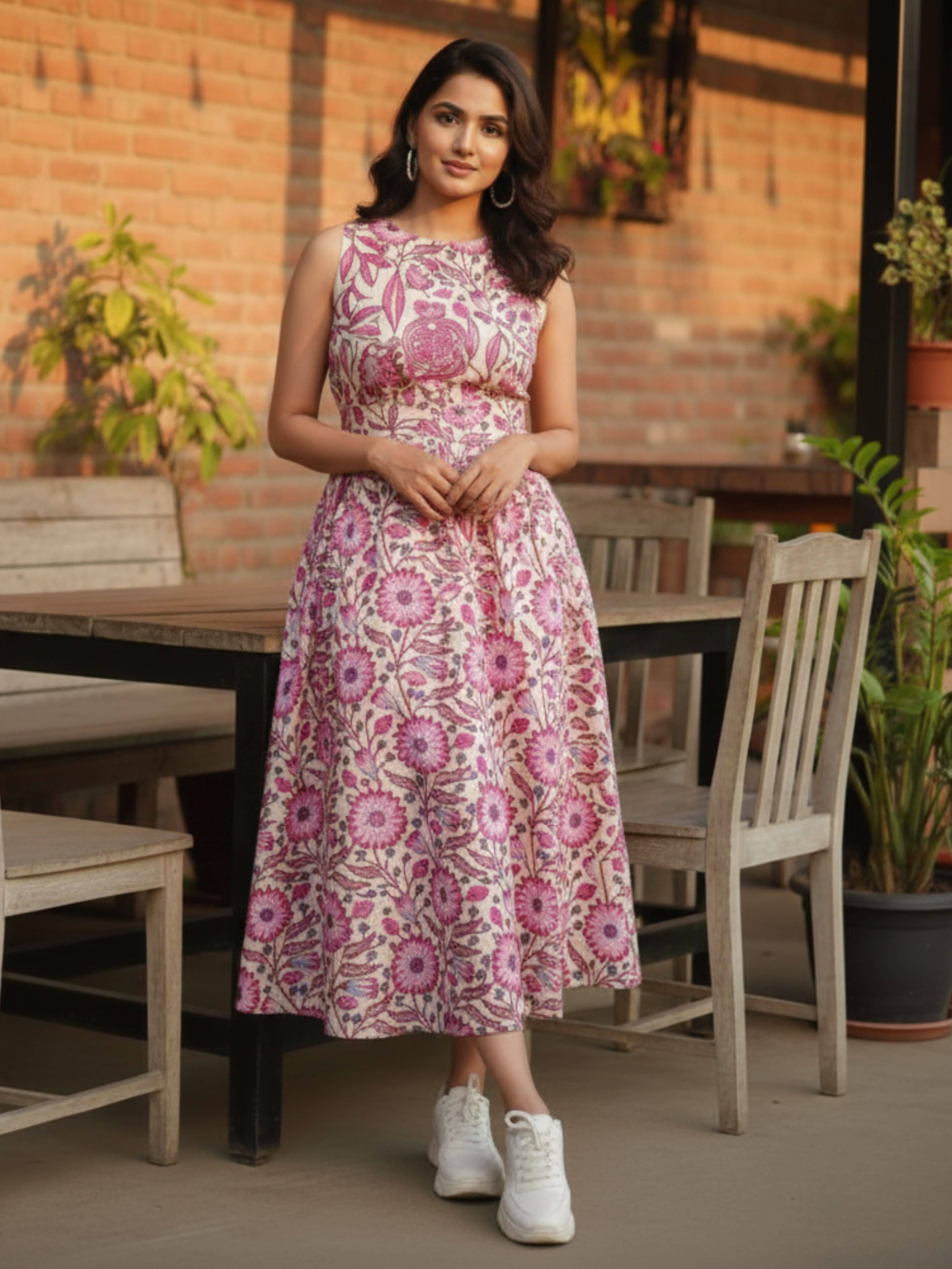 Royal Export Women Cotton Blend Printed A-line Dress ( Pink )