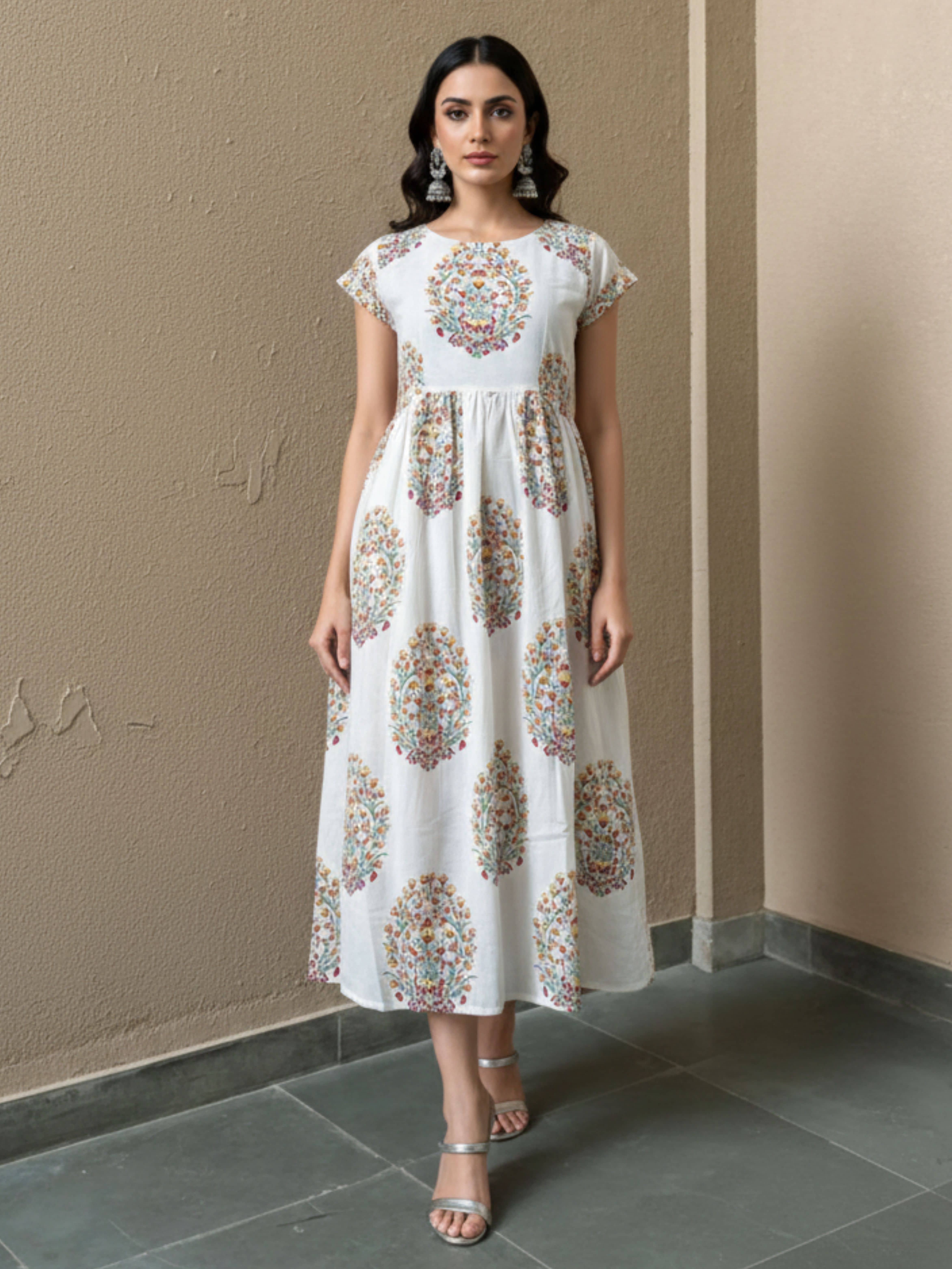 Royal Export Women Cotton Blend Printed A-line Dress ( White )