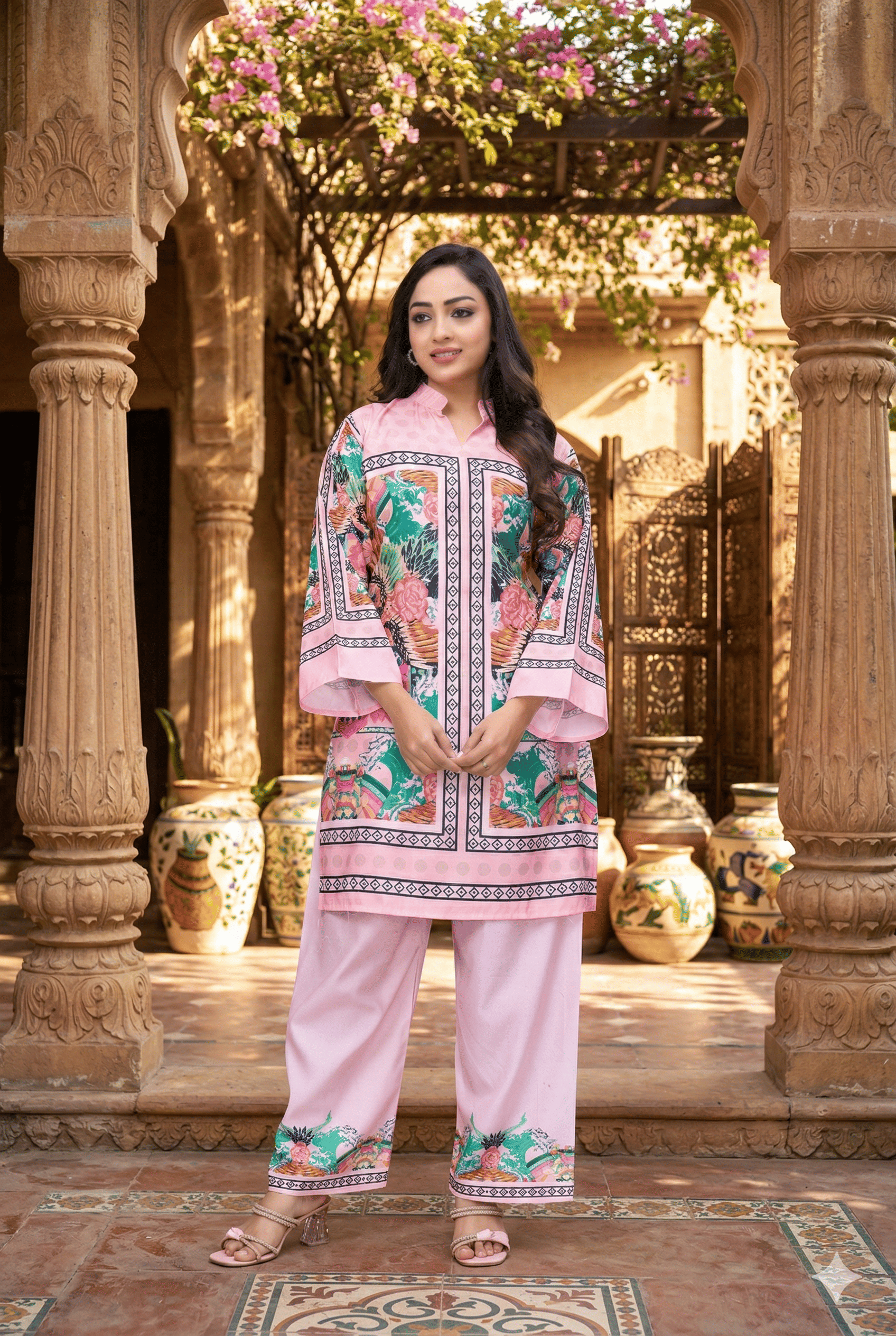 SKRACHY Women Printed Kurta With Palazzos Co-Ord Set ( Pink )