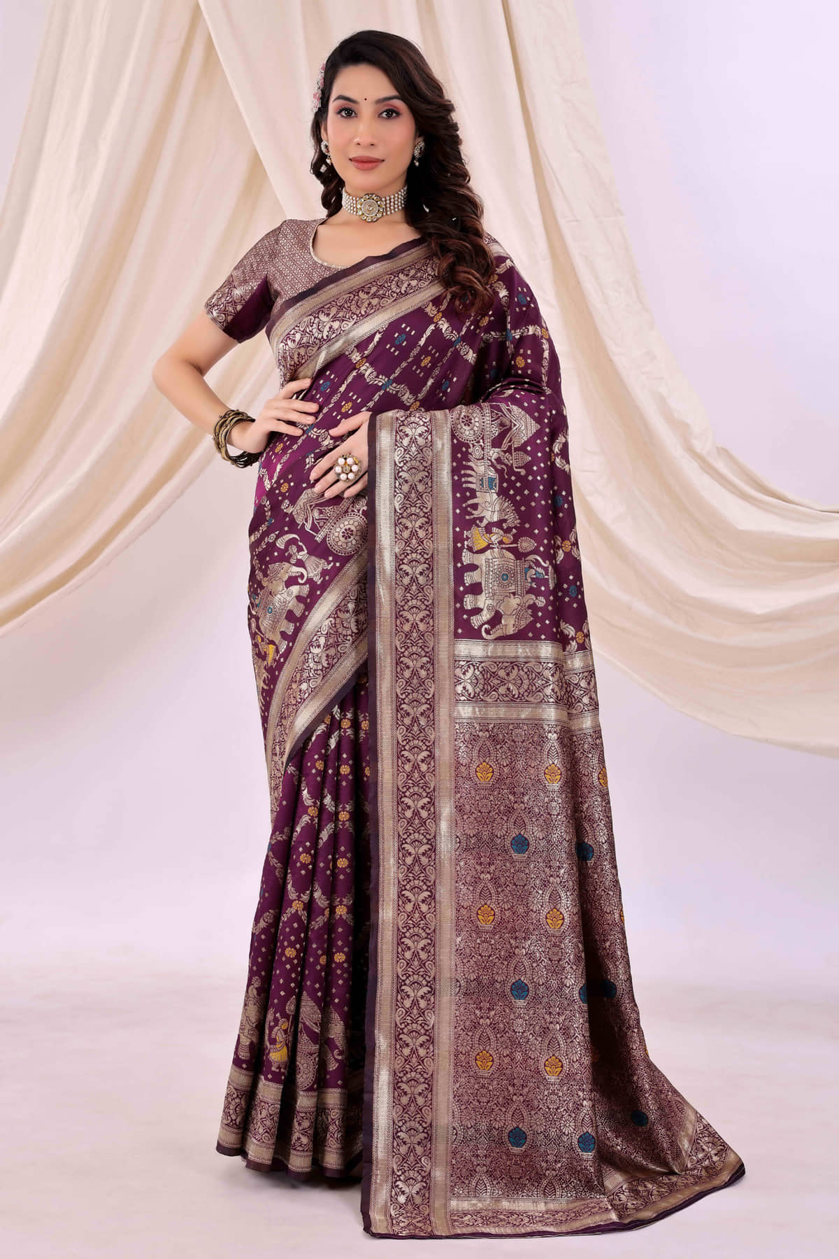 Samai Silk Woven Regular Saree With Unstitched Blouse Piece ( Wine ) - Sarees | Buy online on ZillyBuy