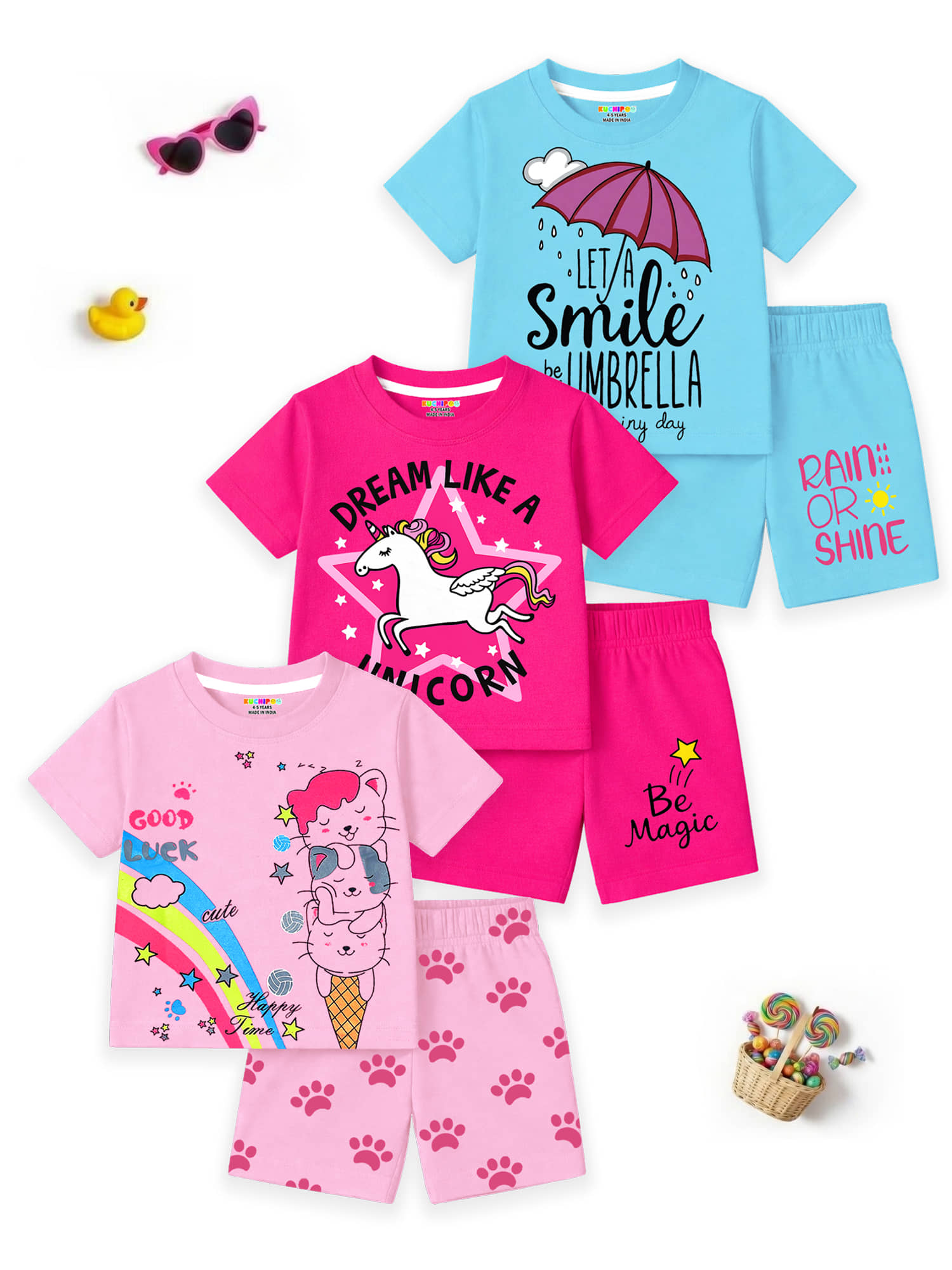 Kuchipoo Pack of 3 Girls Cotton Blend T-shirt & Shorts ( Multicolor 2 )