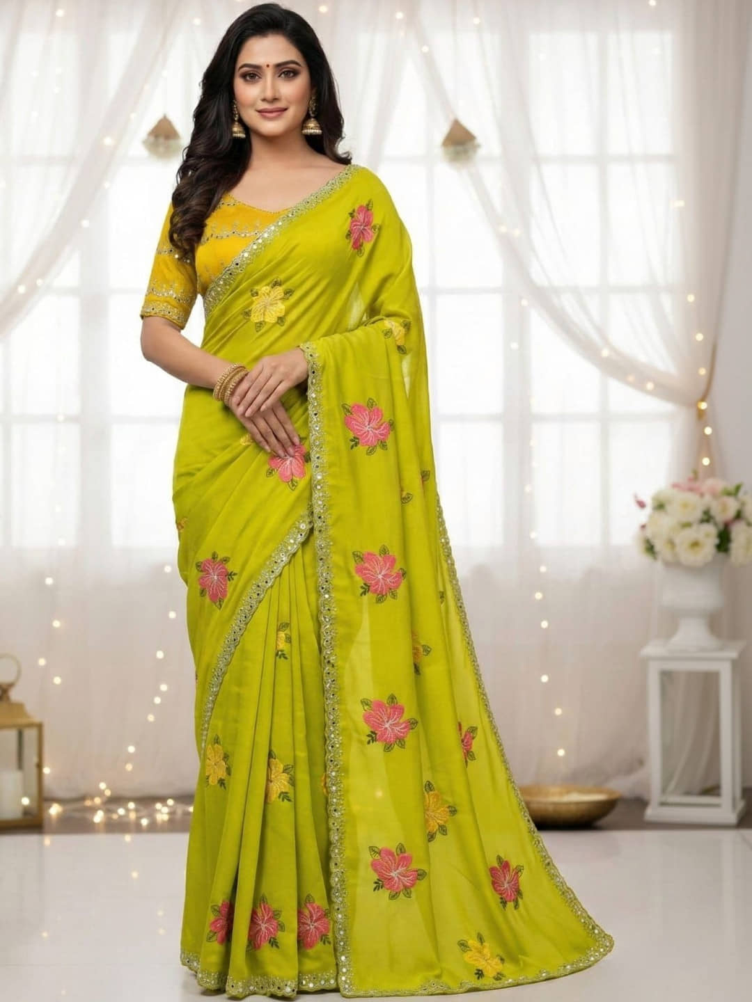 Gazal Fashions Georgette Embroidered Regular Saree With Unstitched Blouse Piece ( Lime Green ) - Sarees | Buy online on ZillyBuy