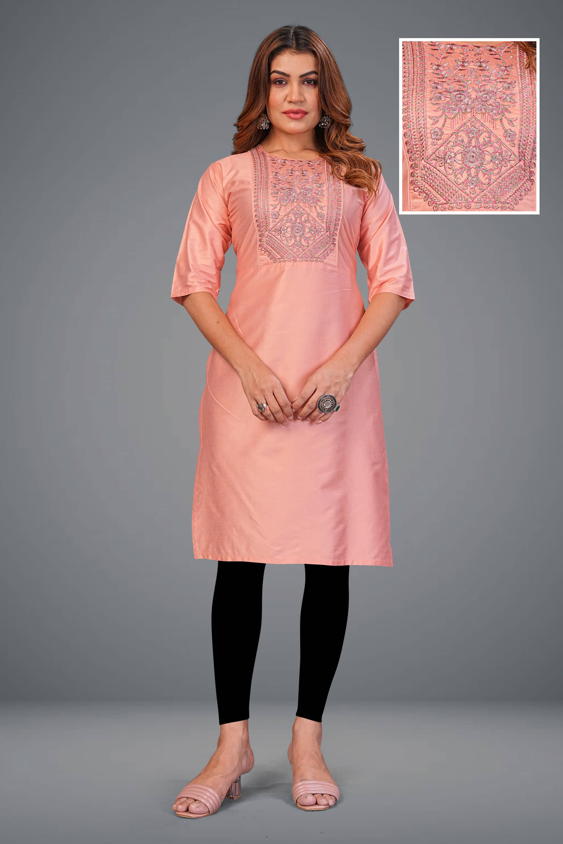 Hetsa Women Chanderi Embroidered A-line Kurti ( Pink ) - Kurtis, Tunics | Buy online on ZillyBuy