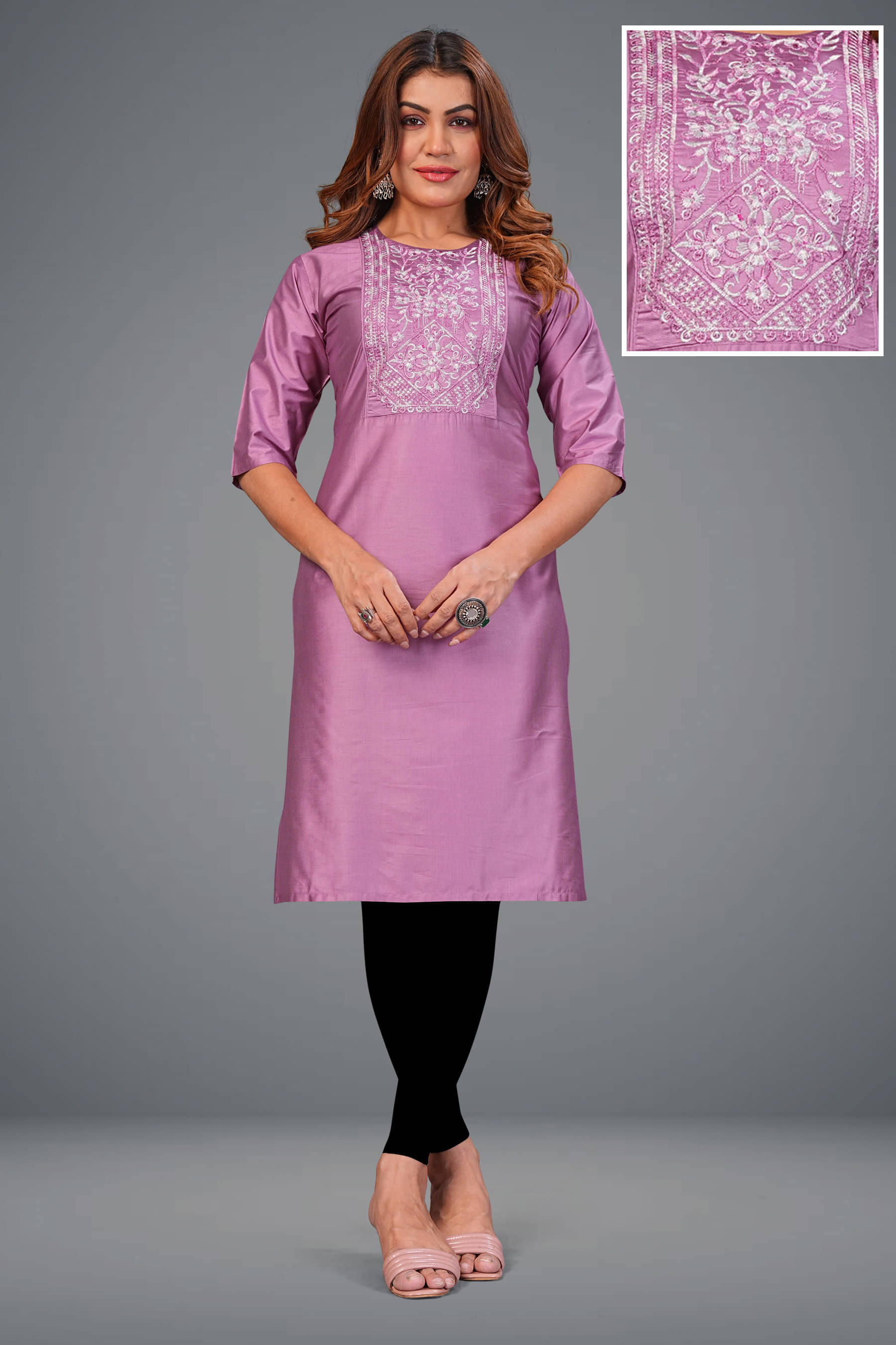 Hetsa Women Chanderi Embroidered A-line Kurti ( Purple ) - Kurtis, Tunics | Buy online on ZillyBuy