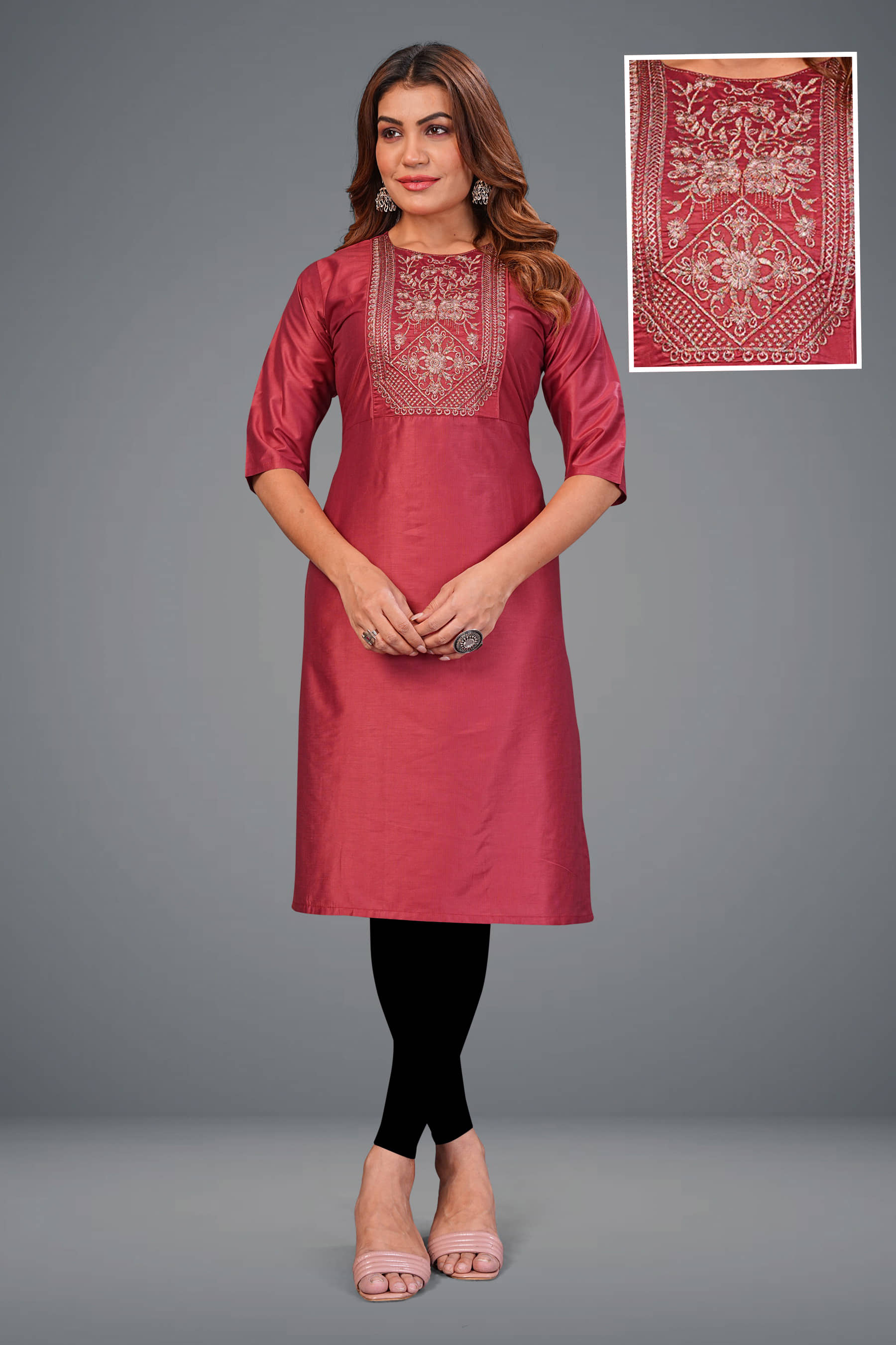 Hetsa Women Chanderi Embroidered A-line Kurti ( Maroon ) - Kurtis, Tunics | Buy online on ZillyBuy