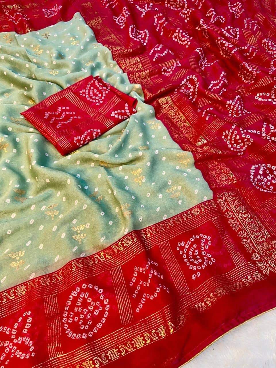 Sanjana Cotton Printed Bandhani Sarees With Unstitched Blouse Piece ( Light Green ) - Sarees | Buy online on ZillyBuy