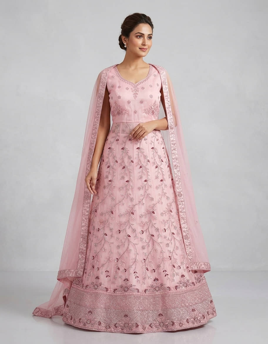 Aika Women's Net Semi Stitched Flared Ethnic Gown With Dupatta - Unstitched Fabrics | Buy online on ZillyBuy