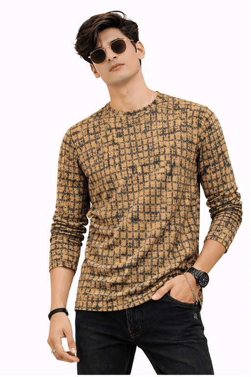 DELTIN HUB Men Cotton Blend Regular Fit Printed T-Shirt ( Beige )