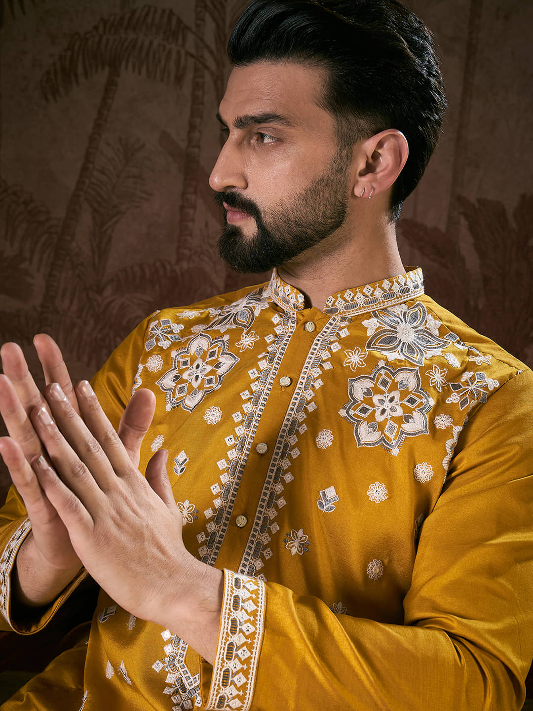 Ethnic Bay Blended Fabric Embroidered Regular Fit Kurta Pyjama Set For Men ( Mustard ) - Kurtas & Kurta Sets | Buy online on ZillyBuy