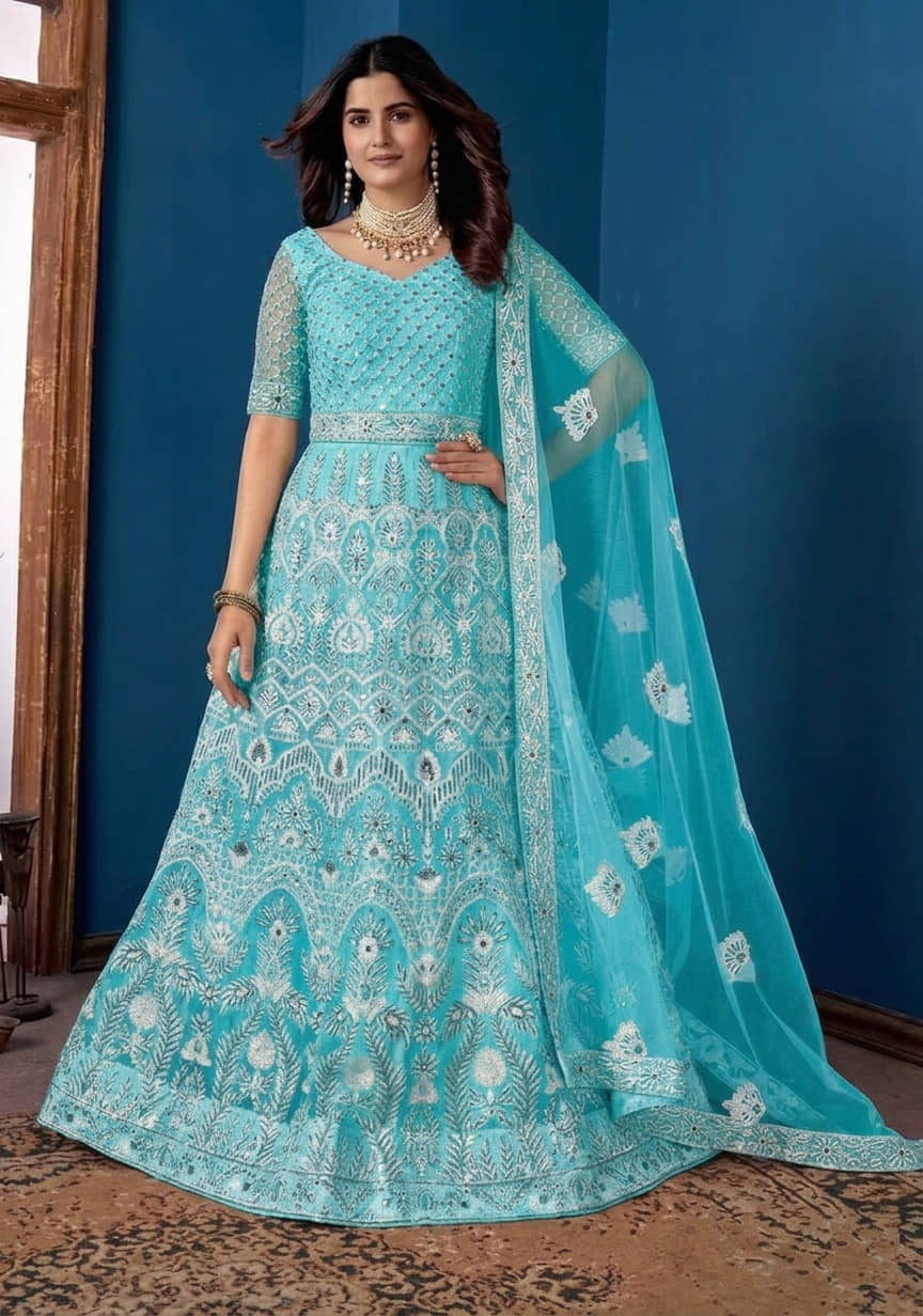 KV Fashion Women's Net Semi Stitched Flared Ethnic Gown With Dupatta - Unstitched Fabrics | Buy online on ZillyBuy