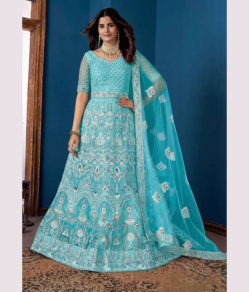 KV Fashion Women's Net Semi Stitched Flared Ethnic Gown With Dupatta - Unstitched Fabrics | Buy online on ZillyBuy