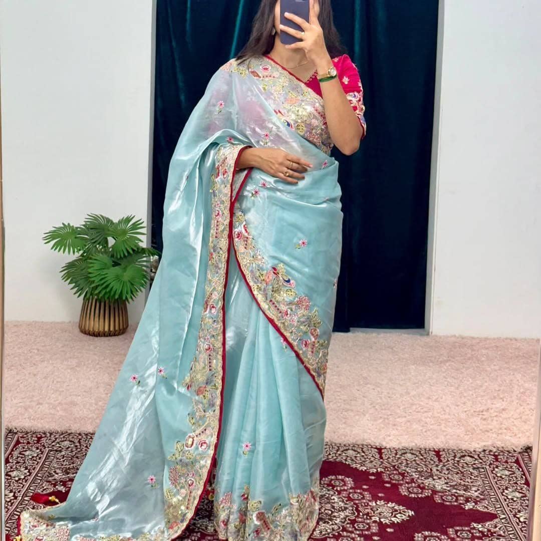 THE PRIVATE LABLE Jimmy Choo Embroidered Regular Saree With Unstitched Blouse Piece ( Blue ) - Sarees | Buy online on ZillyBuy