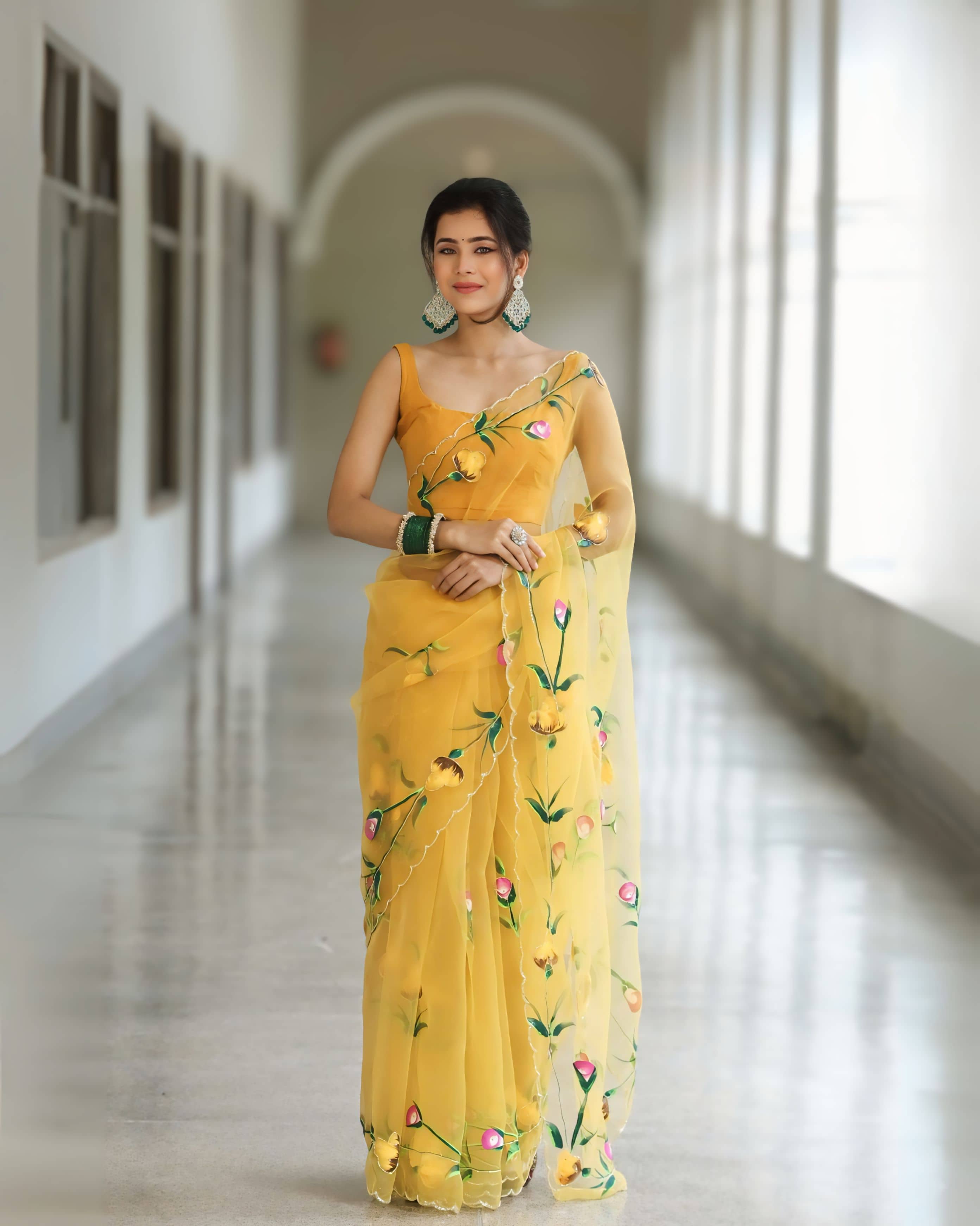 THE PRIVATE LABLE Organza Printed Regular Saree With Unstitched Blouse Piece ( Yellow ) - Sarees | Buy online on ZillyBuy