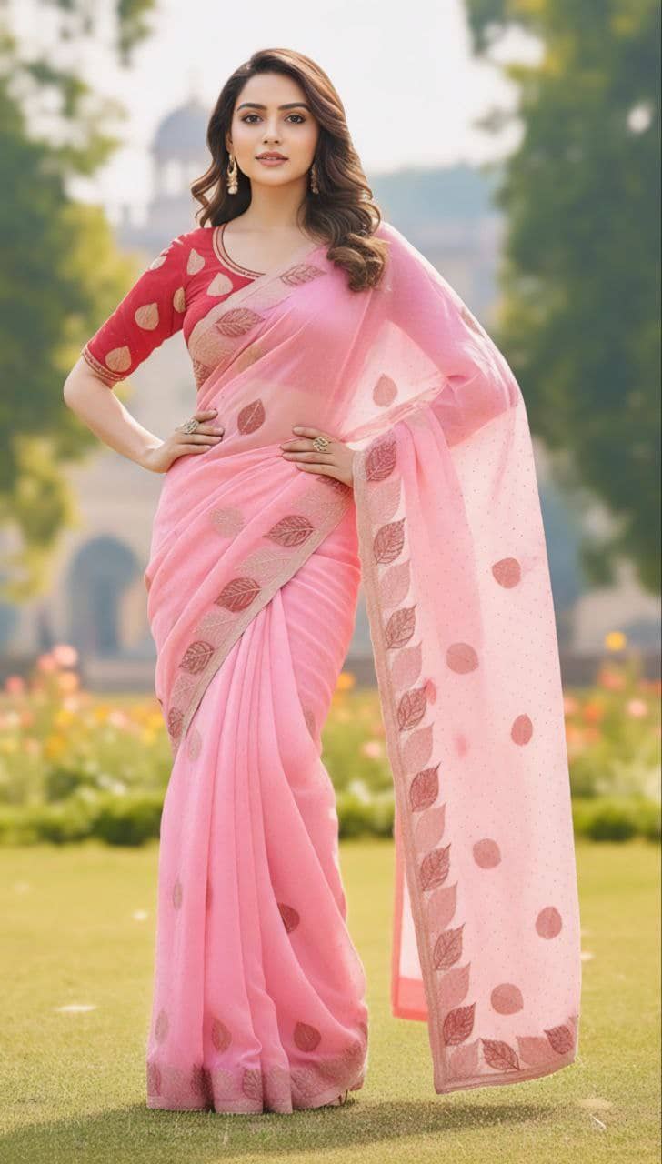 THE PRIVATE LABLE Silk Blend Self Design Regular Saree With Unstitched Blouse Piece ( Pink ) - Sarees | Buy online on ZillyBuy