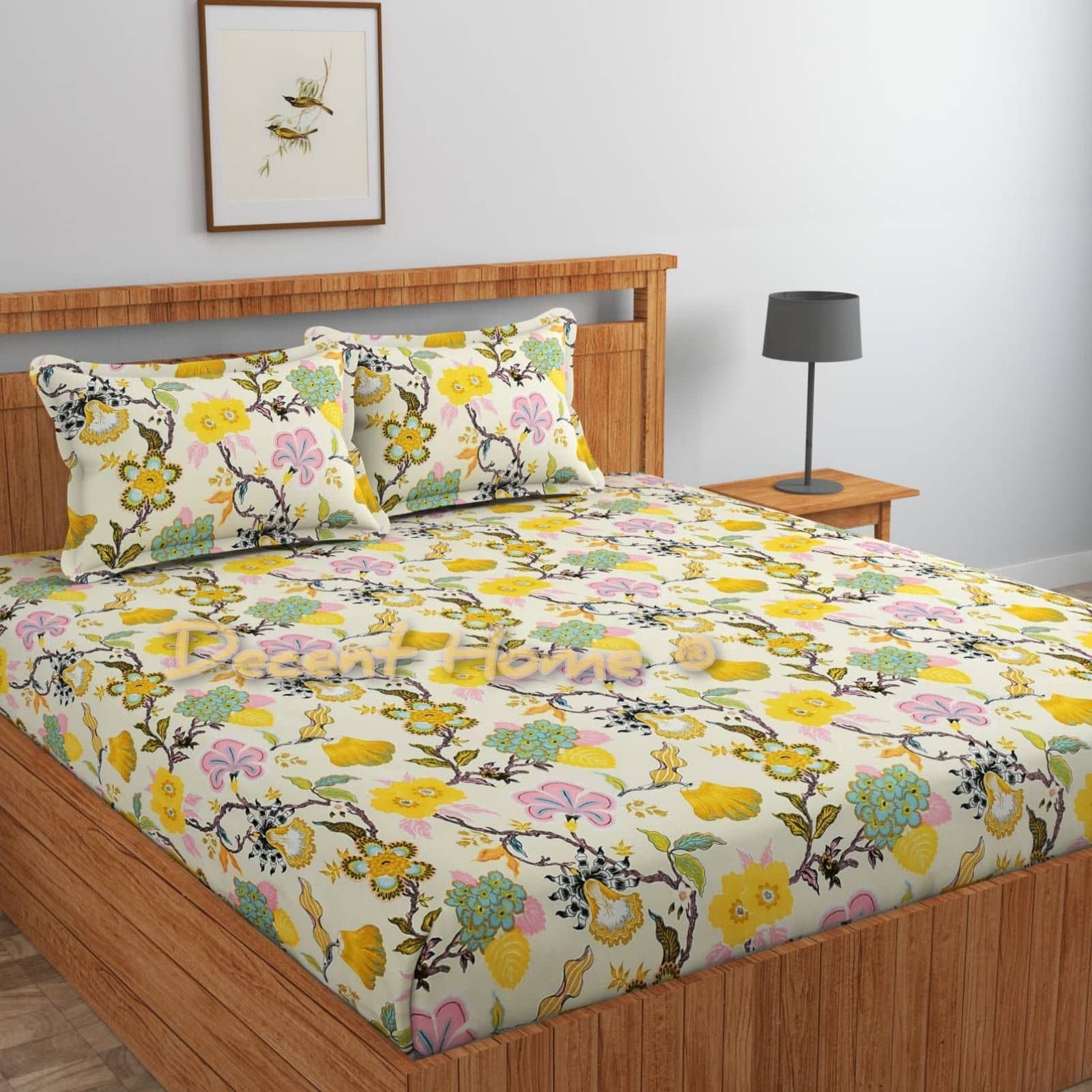 Decent Home Yellow Cotton 1 Double Bedsheet with 2 Pillow Covers ( 225 cm x 225 cm )