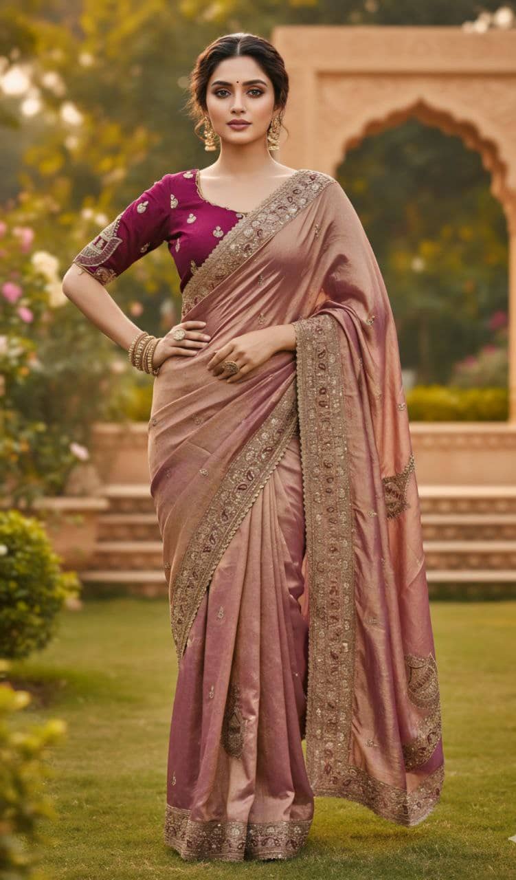 INDIAN SILKS Silk Blend Embroidered Regular Saree With Unstitched Blouse Piece ( Peach ) - Sarees | Buy online on ZillyBuy