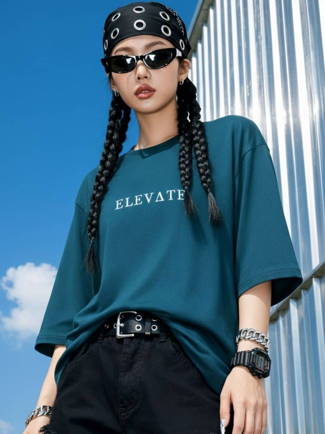 Rigo Women Cotton Printed Oversized Fit Round Neck T-Shirt ( Teal )