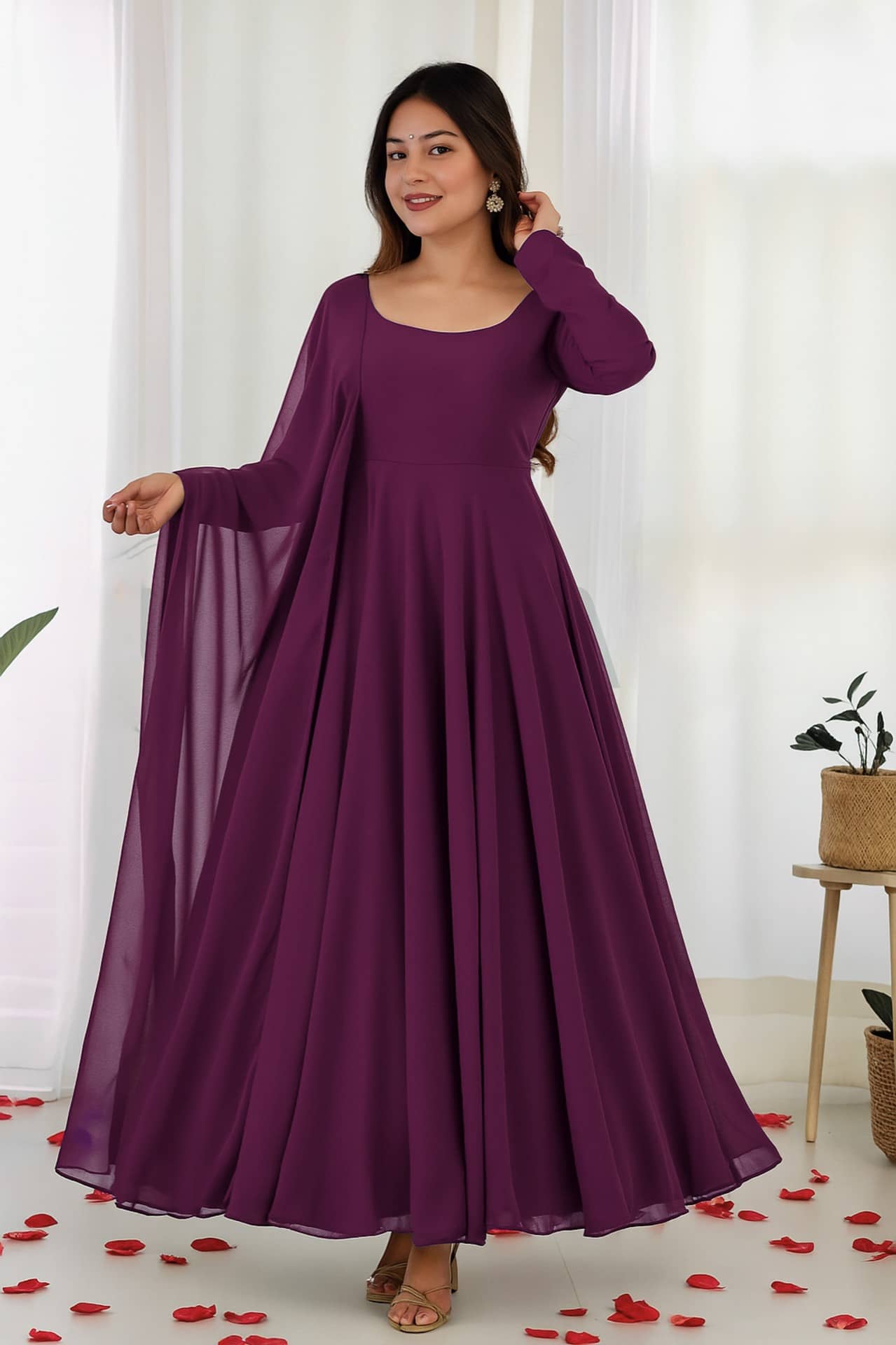 Femvy Women's Georgette Stitched Anarkali Ethnic Gown With Dupatta - Unstitched Fabrics | Buy online on ZillyBuy