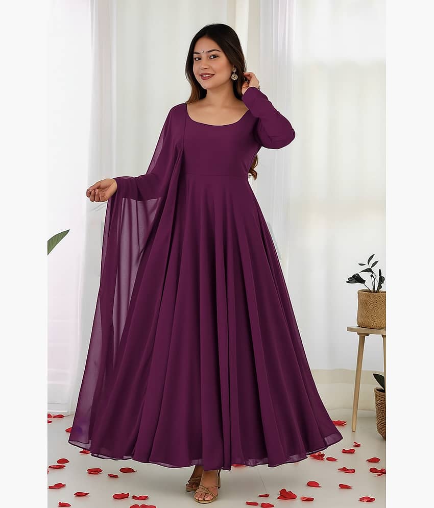 Femvy Women's Georgette Stitched Anarkali Ethnic Gown With Dupatta - Unstitched Fabrics | Buy online on ZillyBuy