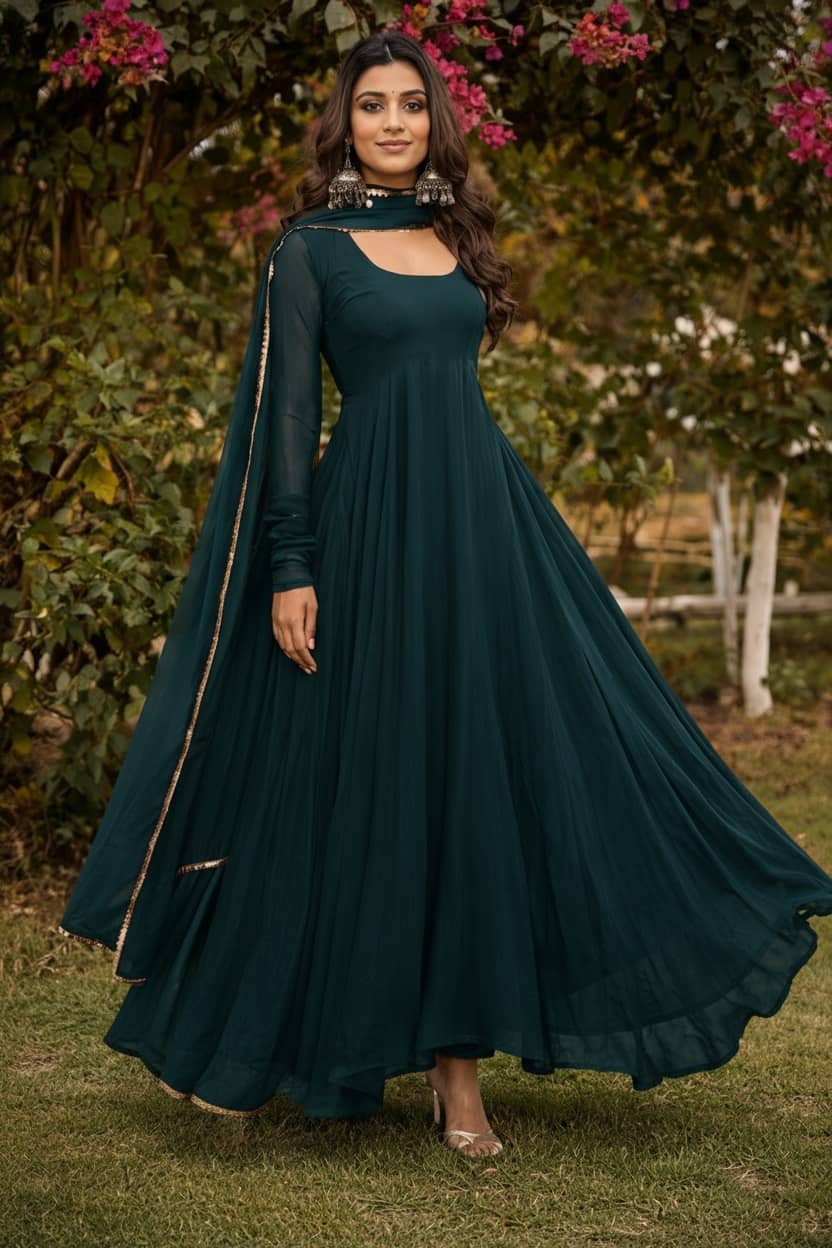 Femvy Women's Georgette Stitched Anarkali Ethnic Gown With Dupatta - Unstitched Fabrics | Buy online on ZillyBuy