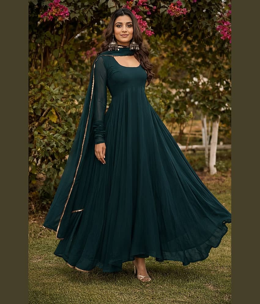 Femvy Women's Georgette Stitched Anarkali Ethnic Gown With Dupatta - Unstitched Fabrics | Buy online on ZillyBuy