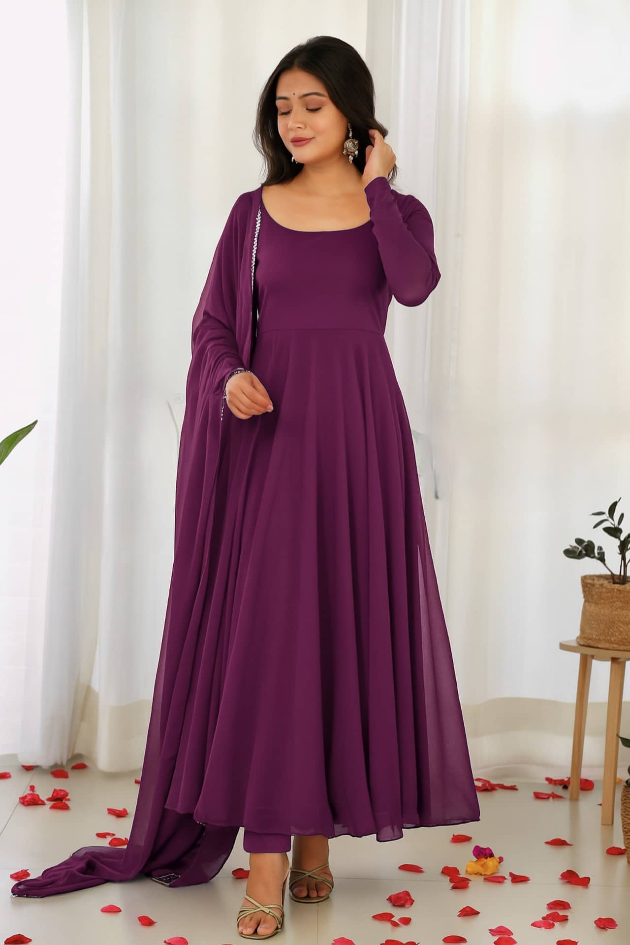 Femvy Women's Georgette Stitched Anarkali Ethnic Gown With Dupatta - Unstitched Fabrics | Buy online on ZillyBuy