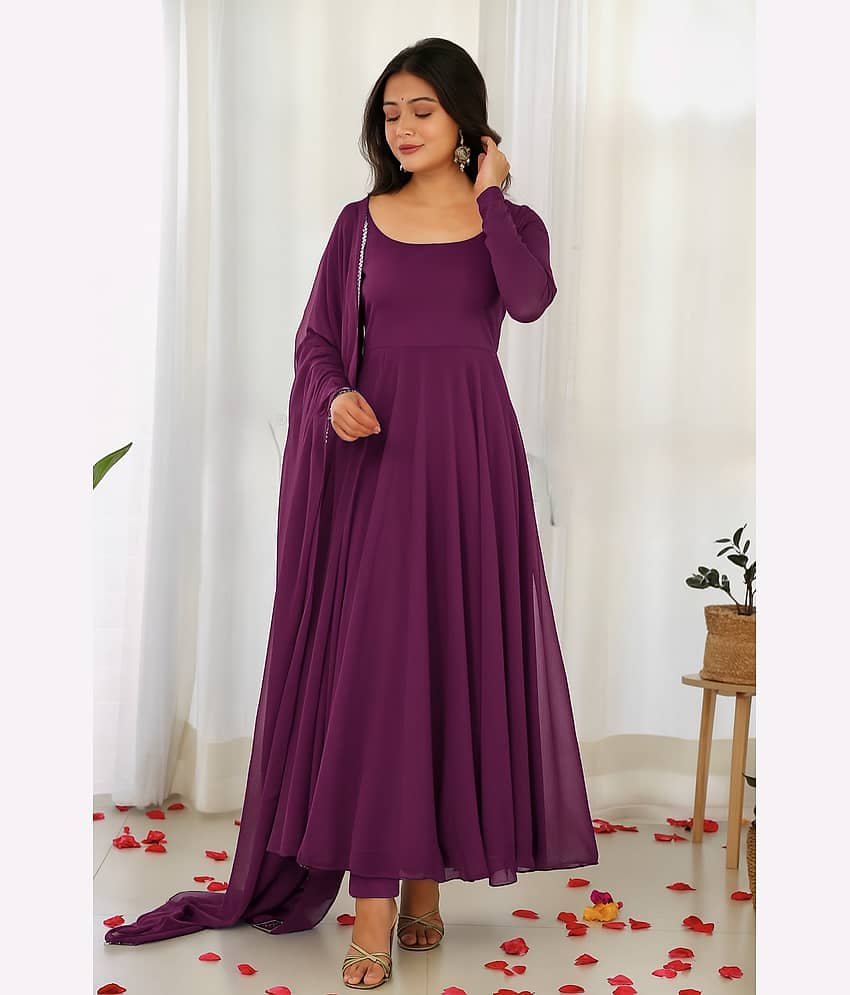 Femvy Women's Georgette Stitched Anarkali Ethnic Gown With Dupatta - Unstitched Fabrics | Buy online on ZillyBuy