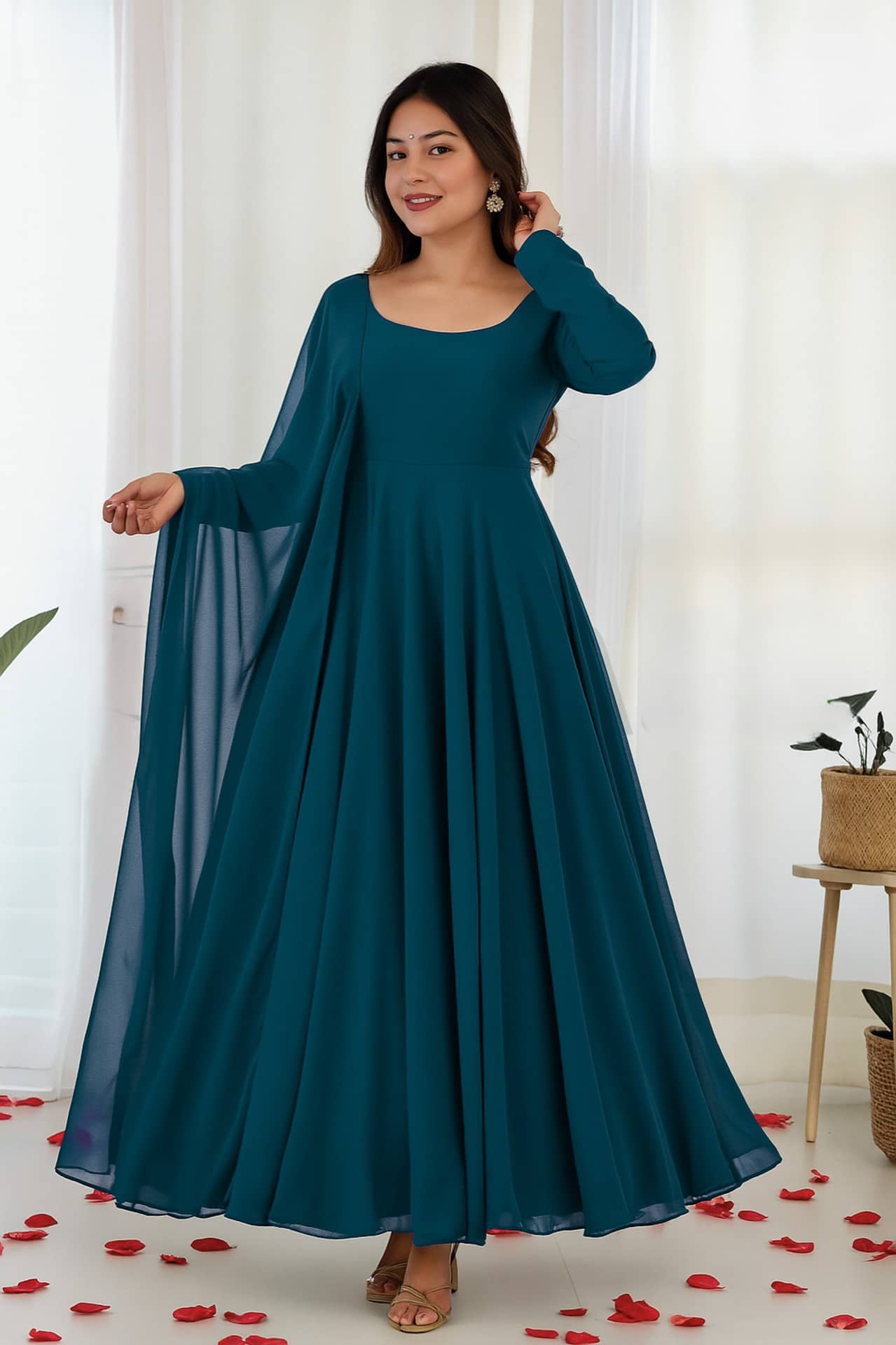 Femvy Women's Georgette Stitched Anarkali Ethnic Gown With Dupatta - Unstitched Fabrics | Buy online on ZillyBuy