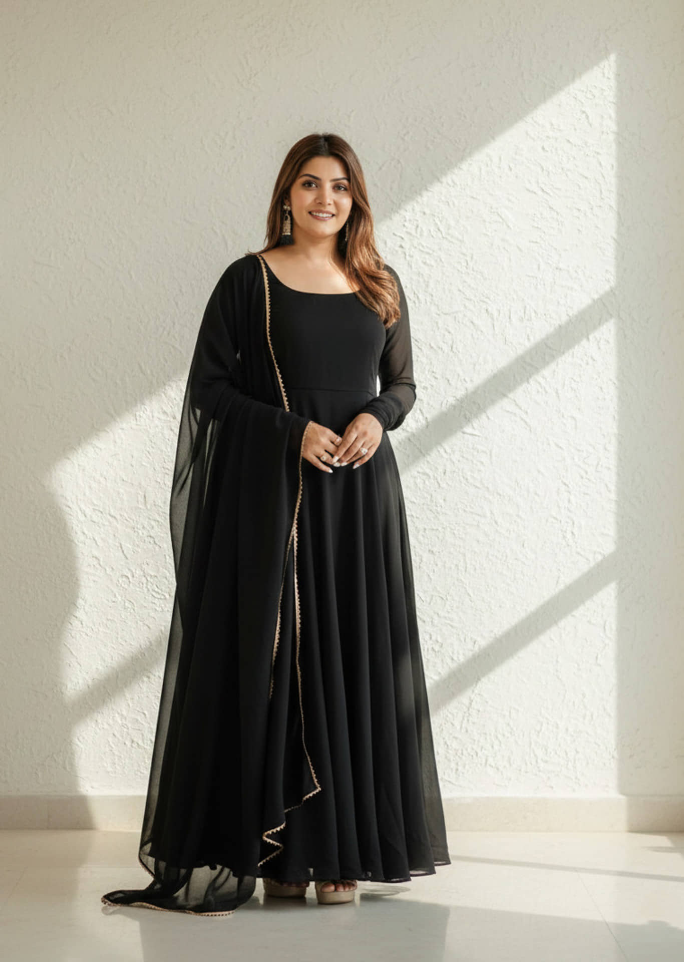 Femvy Women's Georgette Stitched Anarkali Ethnic Gown With Dupatta - Unstitched Fabrics | Buy online on ZillyBuy