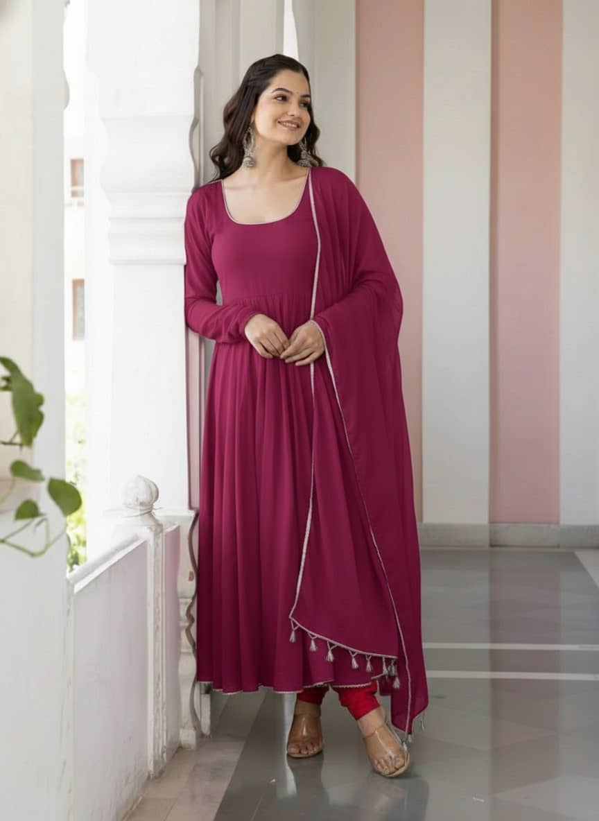 Femvy Women's Georgette Stitched Anarkali Ethnic Gown With Dupatta - Unstitched Fabrics | Buy online on ZillyBuy