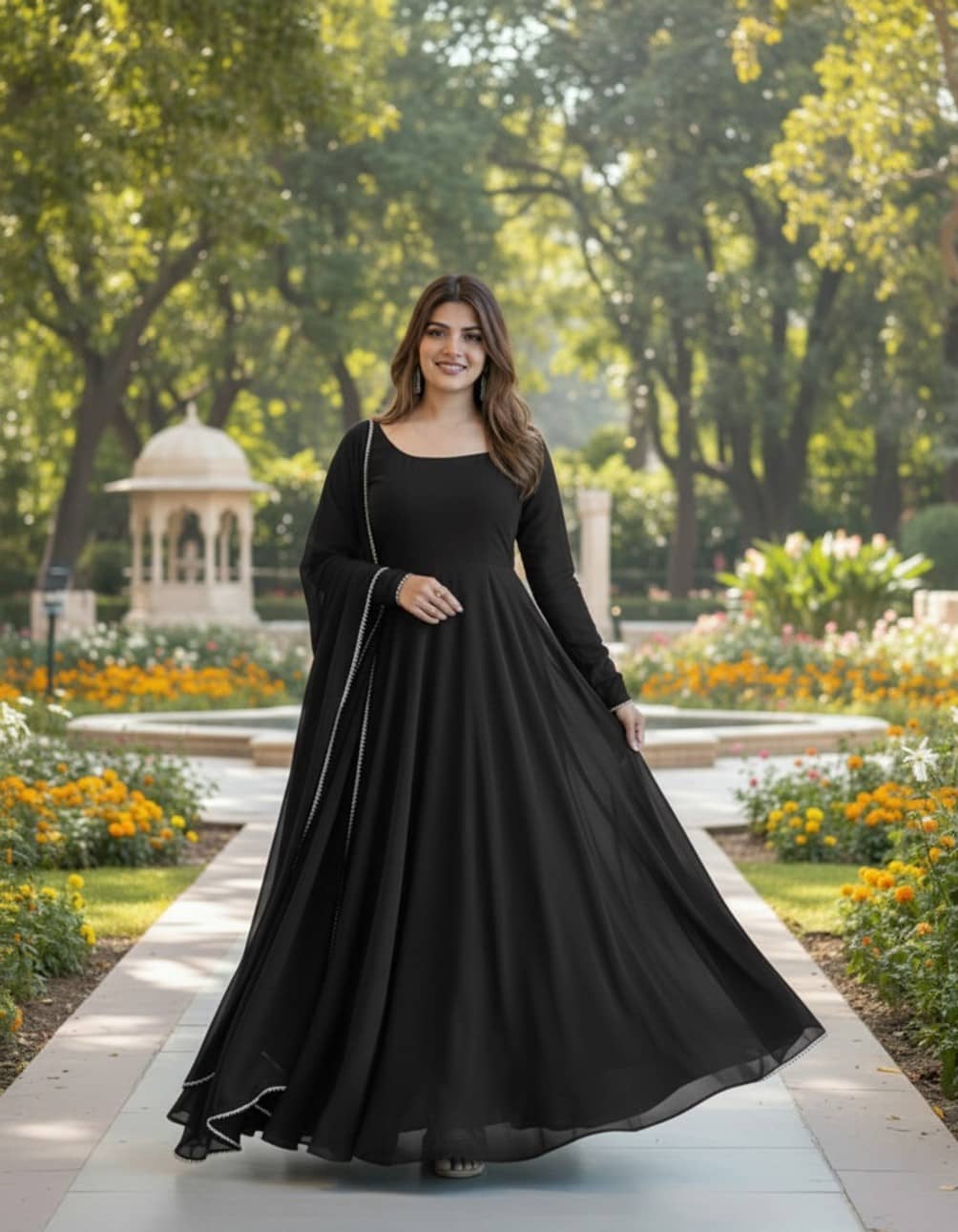 Femvy Women's Georgette Stitched Anarkali Ethnic Gown With Dupatta - Unstitched Fabrics | Buy online on ZillyBuy