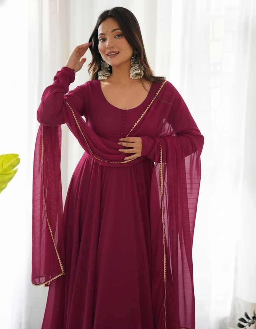Krunal Raiyani Women's Georgette Stitched Flared Ethnic Gown With Dupatta - Unstitched Fabrics | Buy online on ZillyBuy
