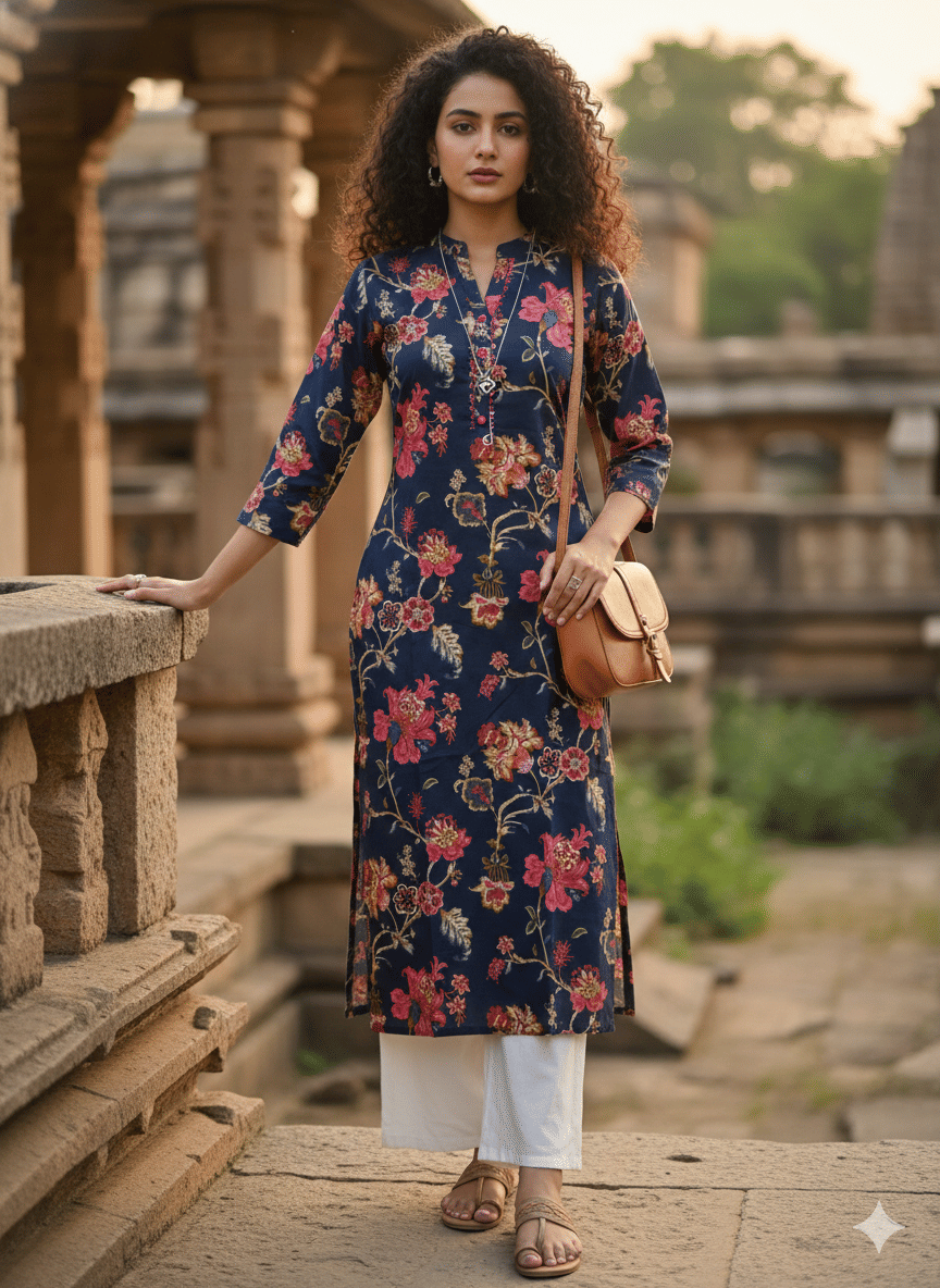 Rajnandini Women Cotton Printed Straight Kurti ( Blue ) - Kurtis, Tunics | Buy online on ZillyBuy