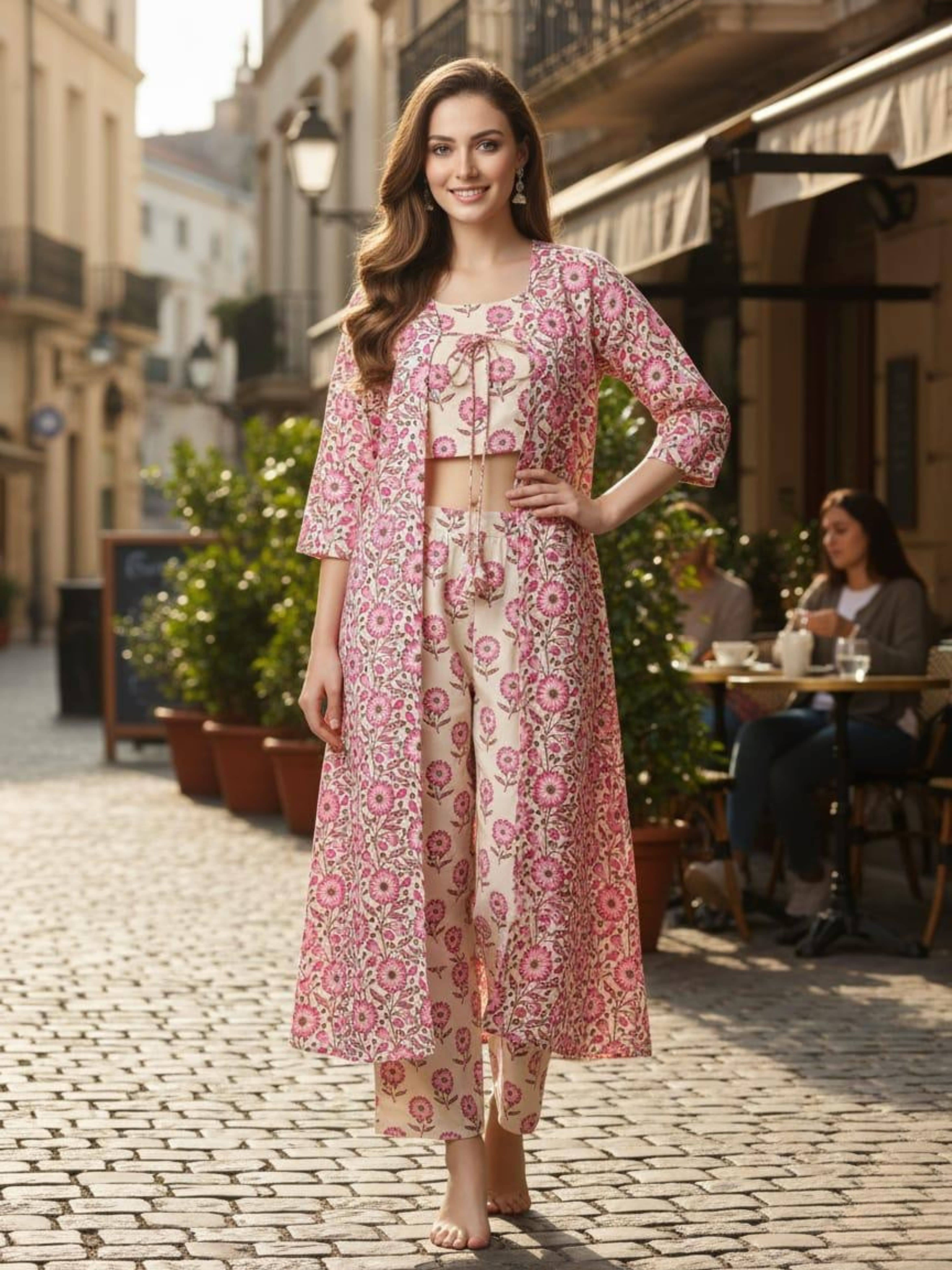Royal Export Women Printed Top With Trousers Co-Ord Set ( Pink )