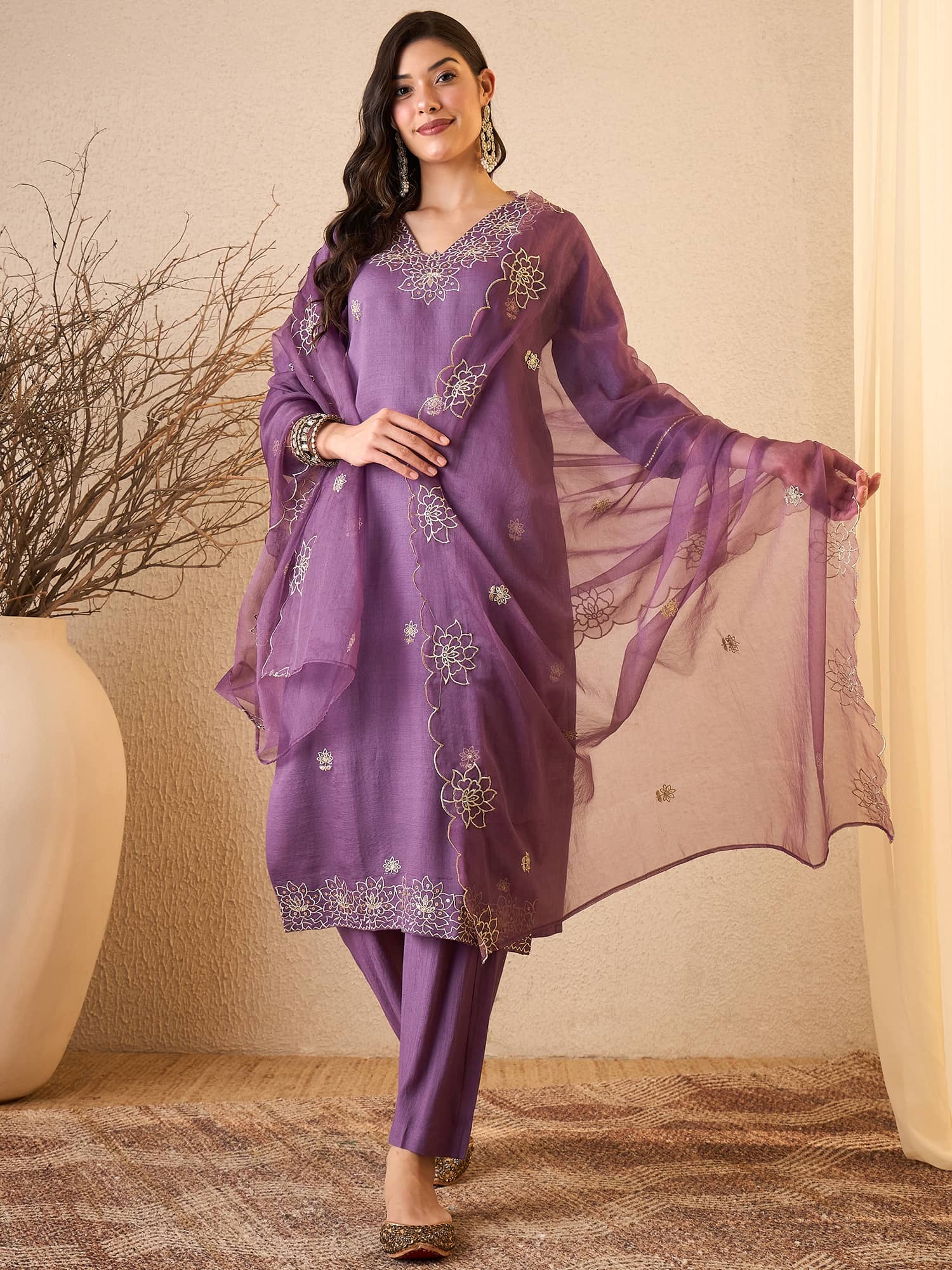 Royal Export Women Silk Blend Embroidered Straight Kurti With Pants ( Lavender )