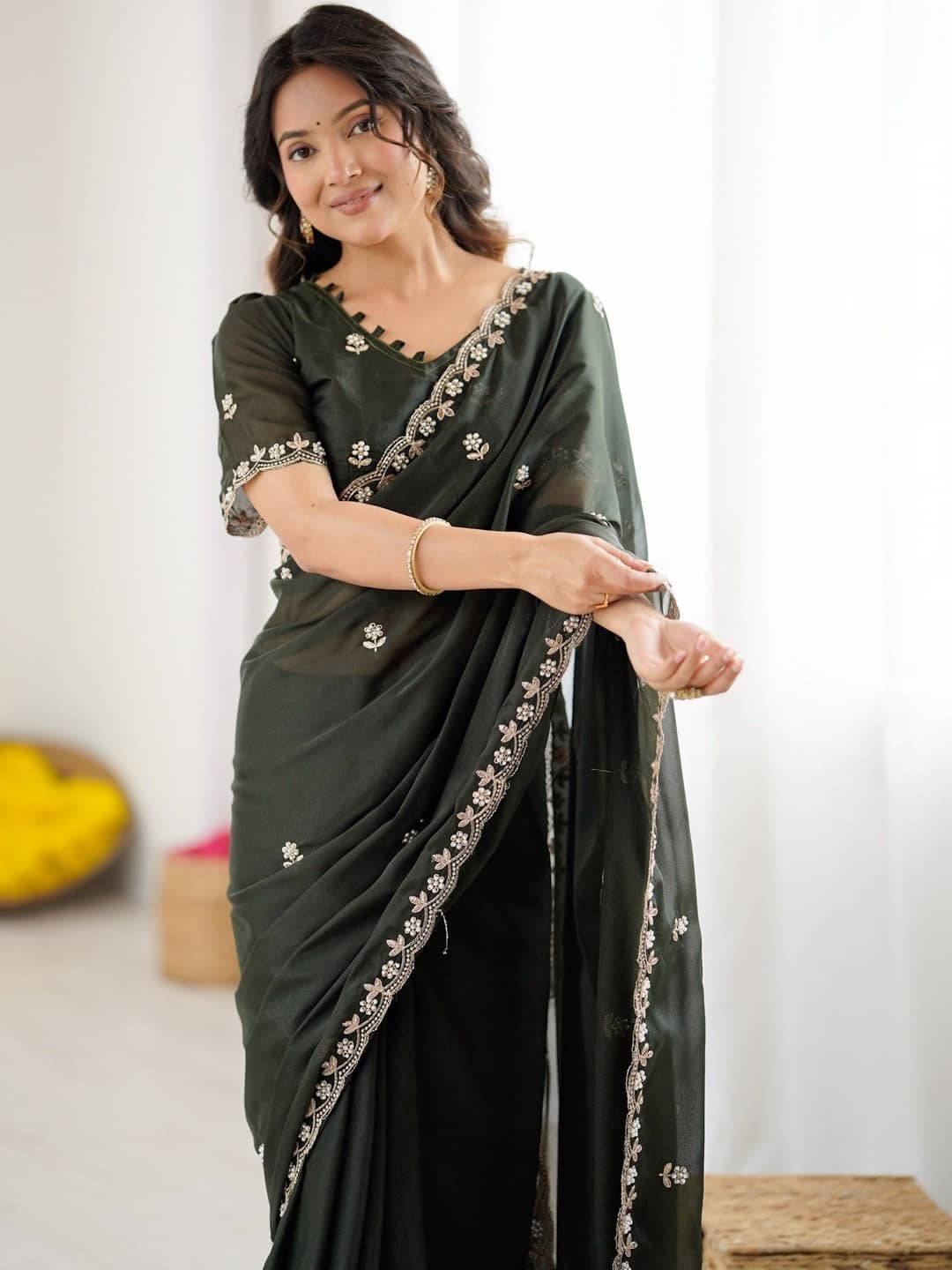 Sidhidata Georgette Embroidered Leheriya Saree With Unstitched Blouse Piece ( Lime Green ) - Sarees | Buy online on ZillyBuy