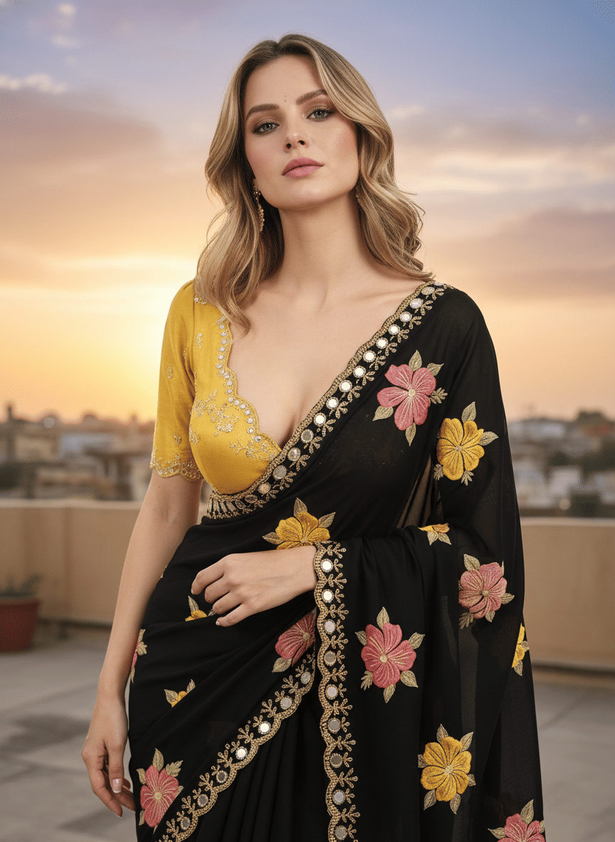 Sidhidata Georgette Embroidered Maheshwari Saree With Unstitched Blouse Piece ( Black ) - Sarees | Buy online on ZillyBuy