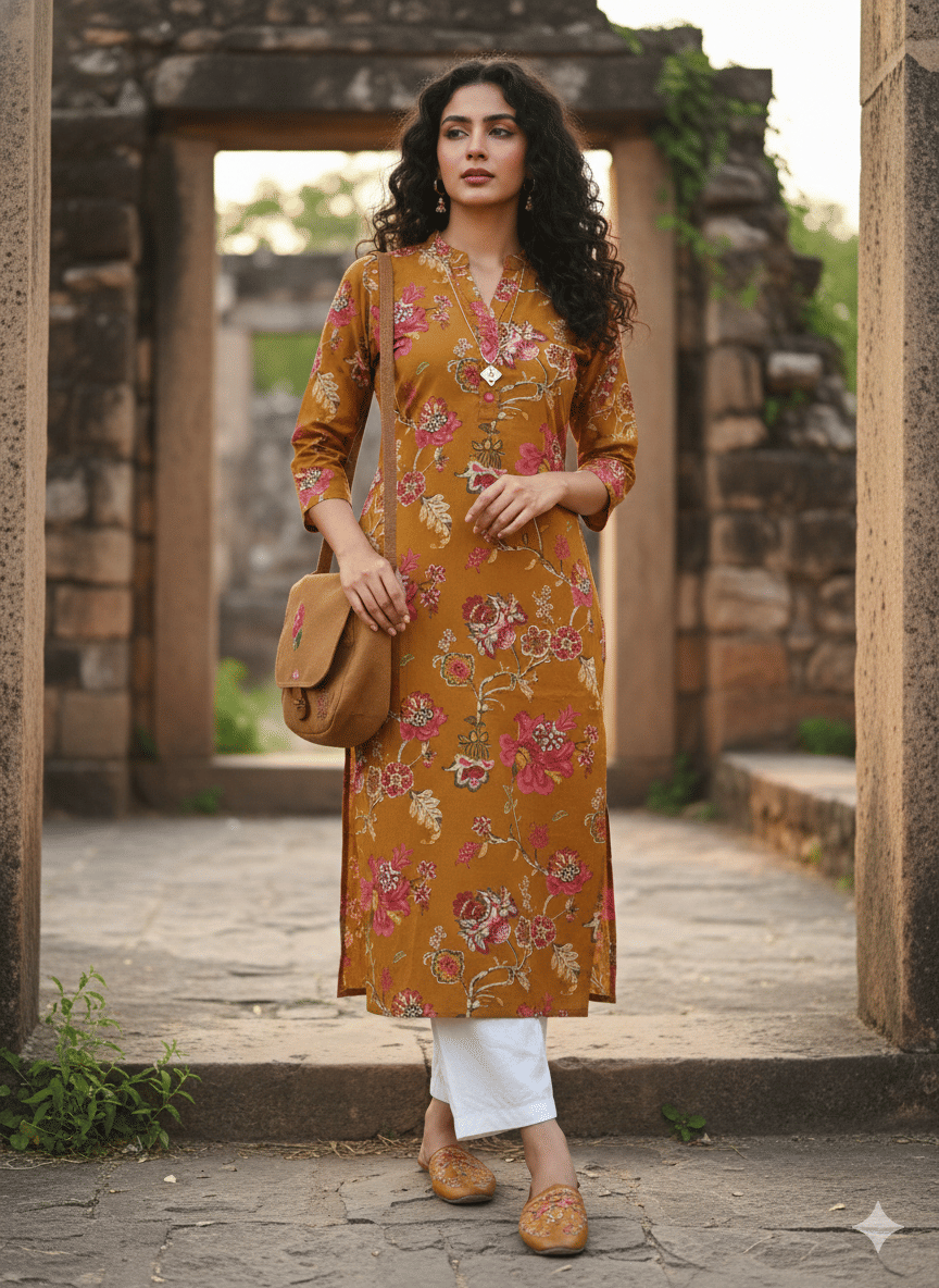 Wonder Weaves Women Cotton Printed Straight Kurti ( Mustard ) - Kurtis, Tunics | Buy online on ZillyBuy